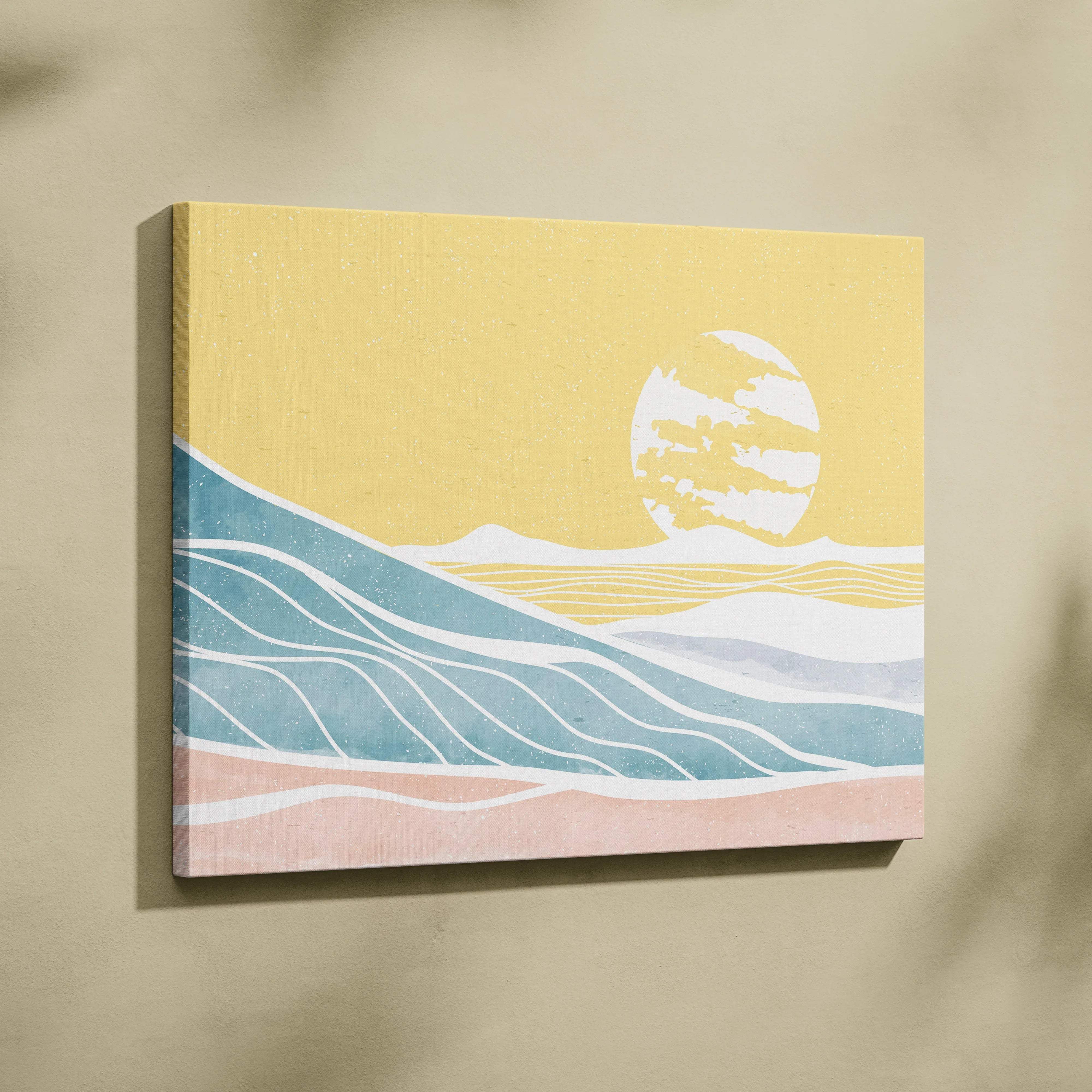 Minimalist coastal ocean canvas print with blue waves and golden sunset in pastels