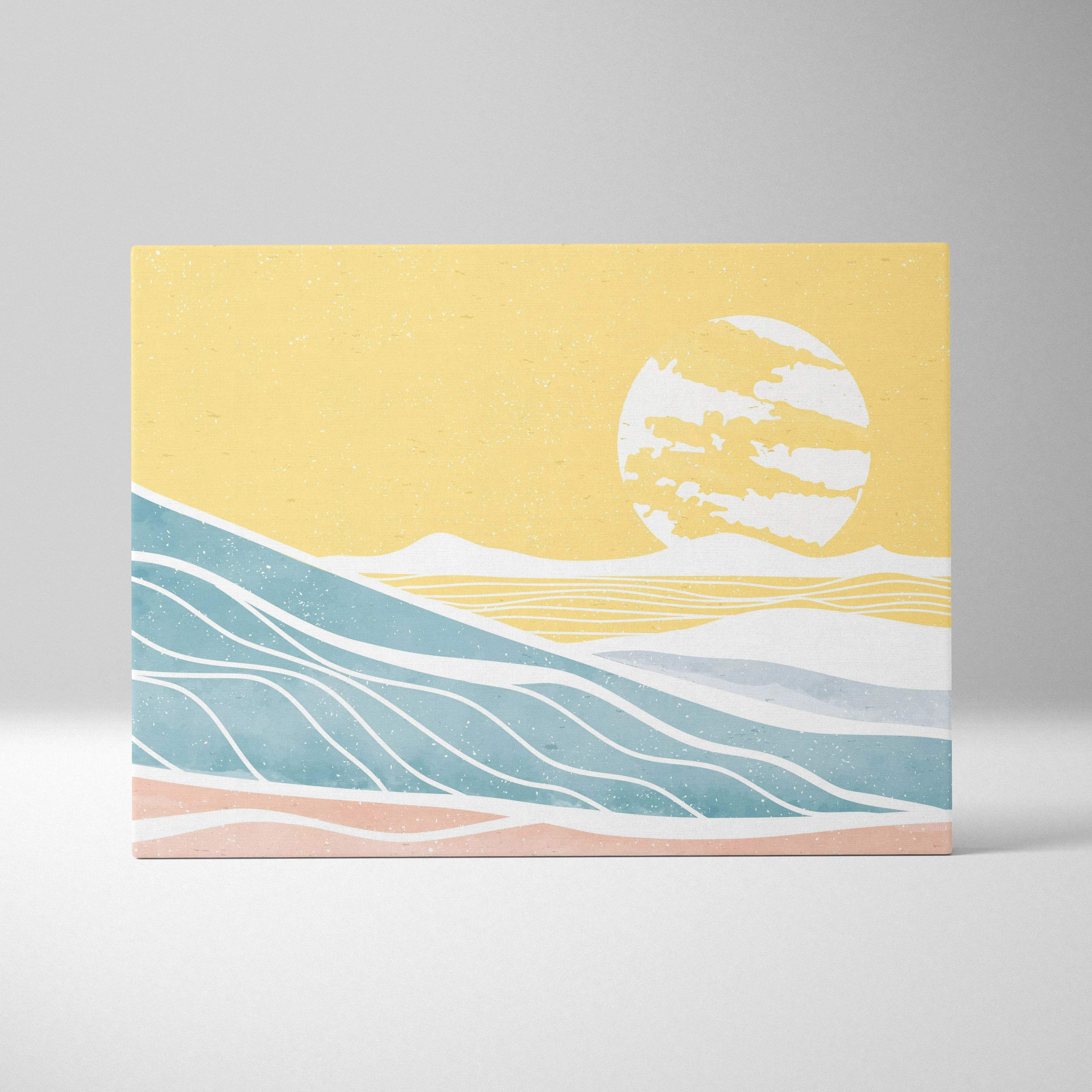 Minimalist coastal ocean sunset canvas print with waves, hills in pastel teal peach