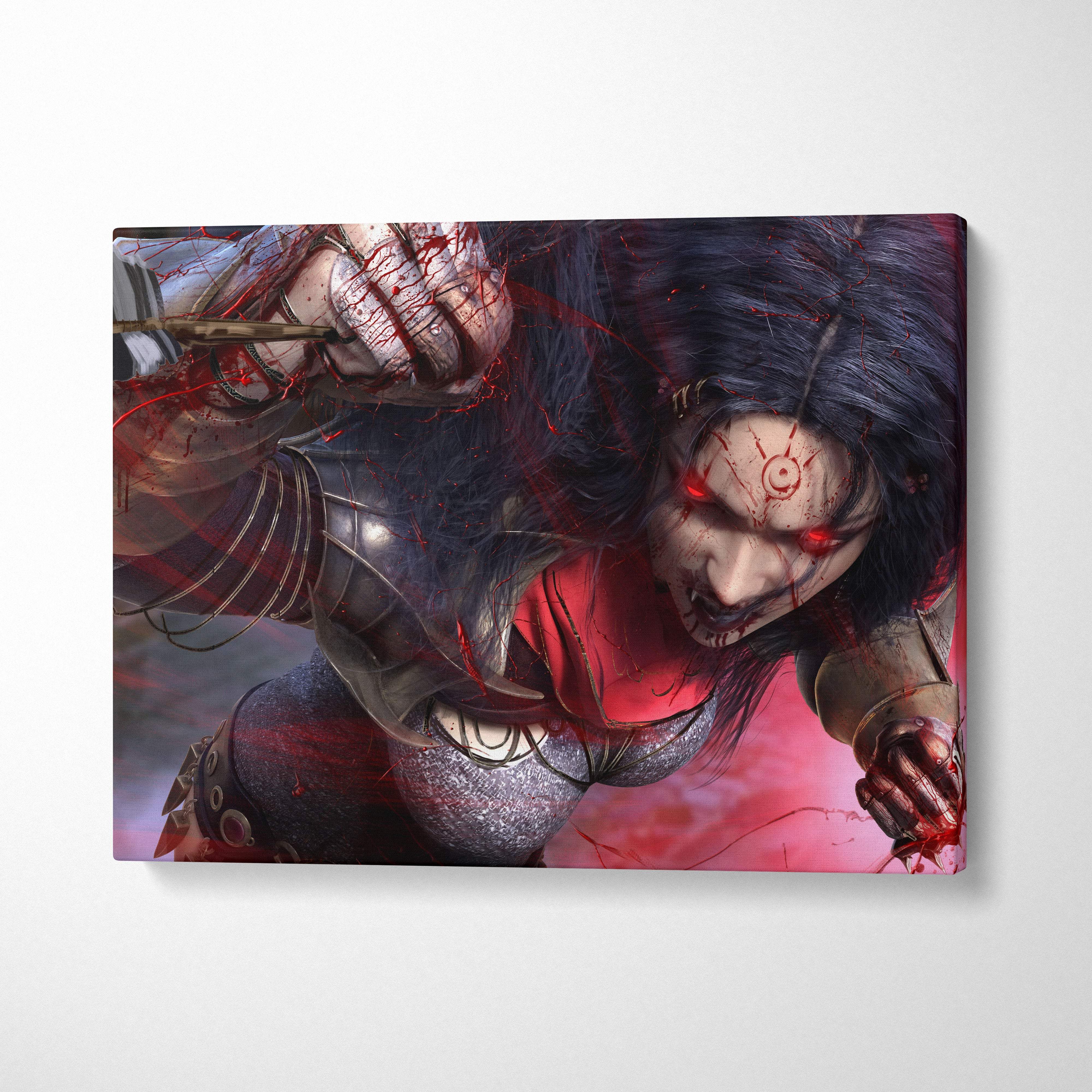 Dark demon huntress canvas art of a dark-haired warrior with glowing red eyes in metallic armor and blood red energy splash