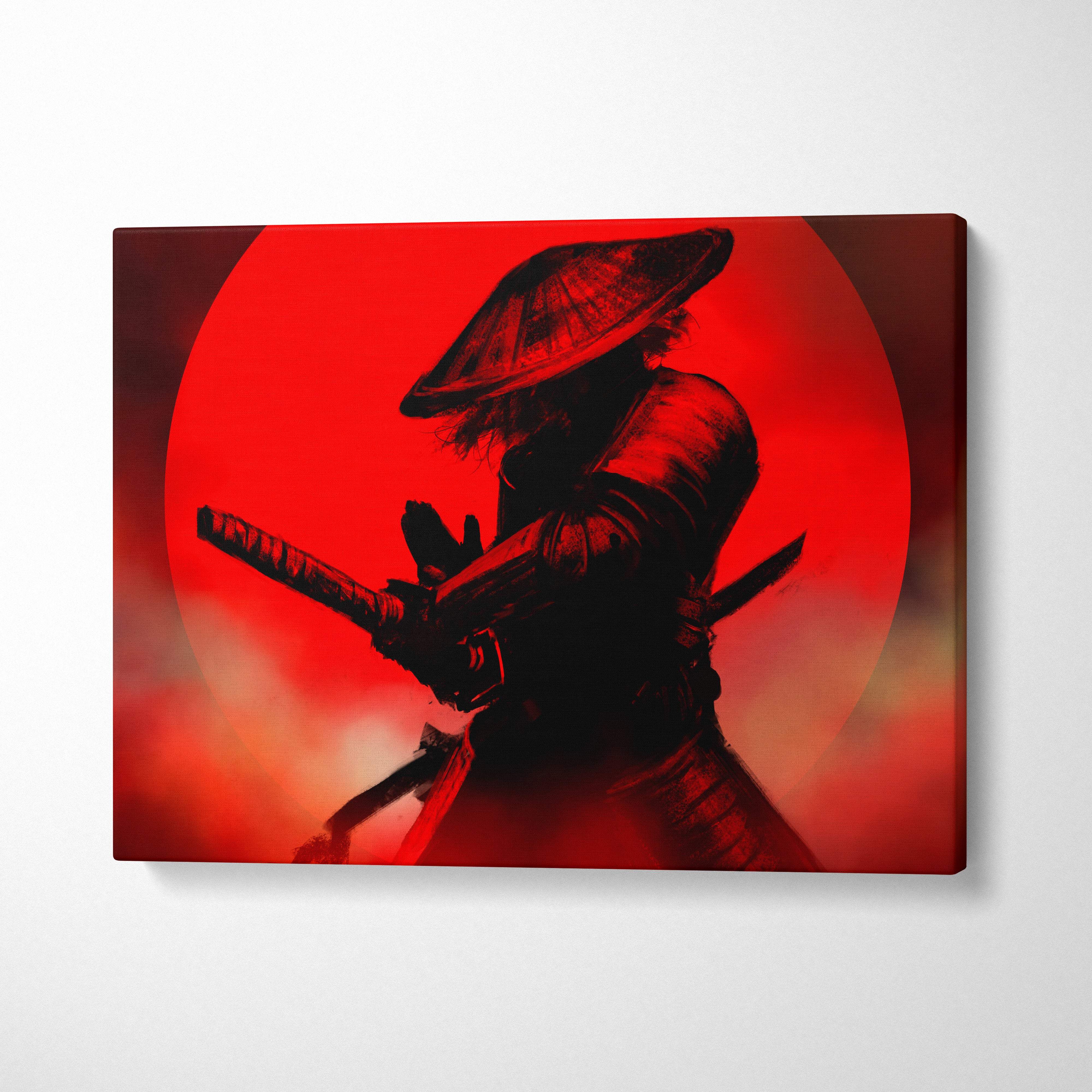 Red samurai canvas print featuring a black ninja silhouette with swords against a vivid red circular background