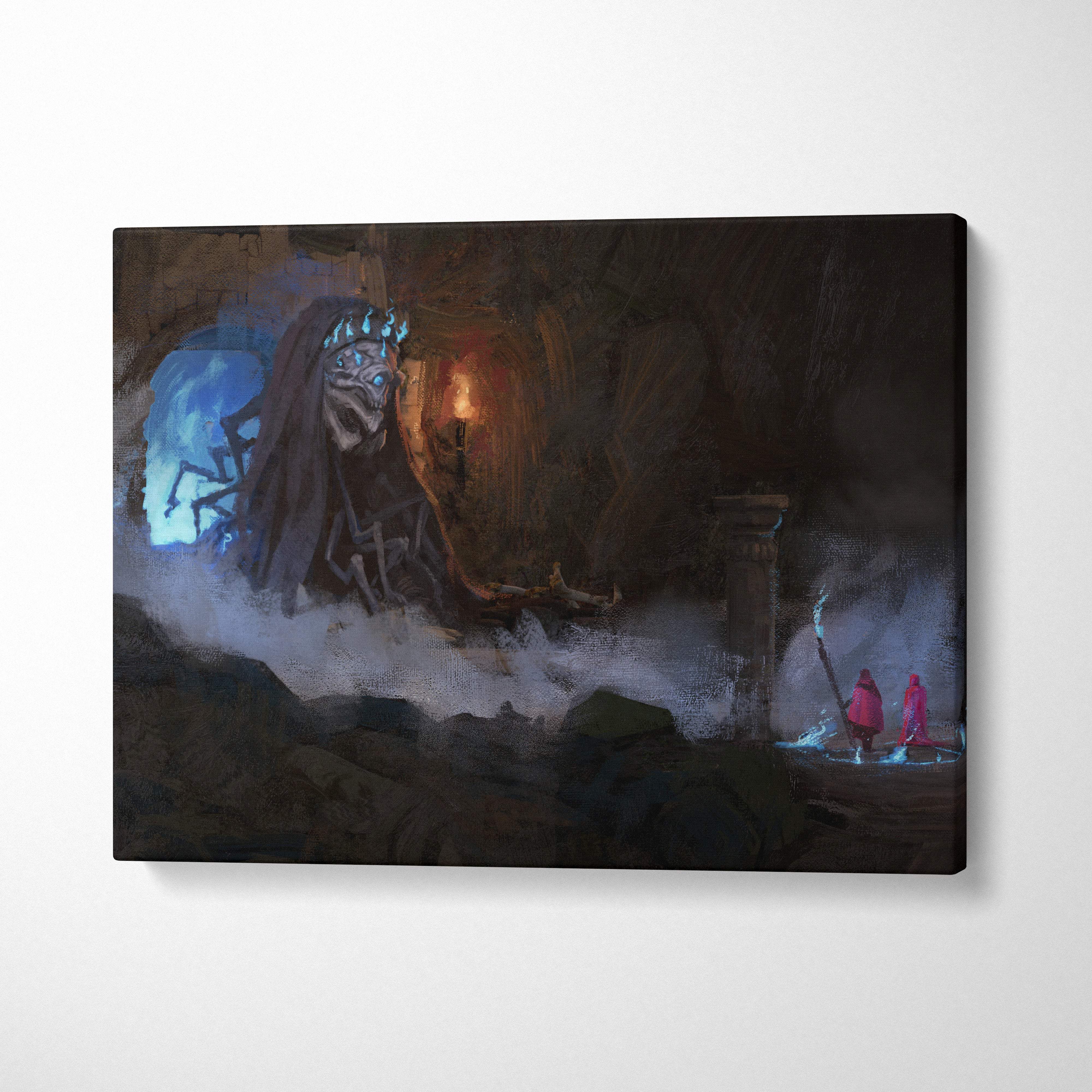 Dark necromancer canvas print featuring a large eerie figure in a blue ghost dungeon cave fantasy horror scene