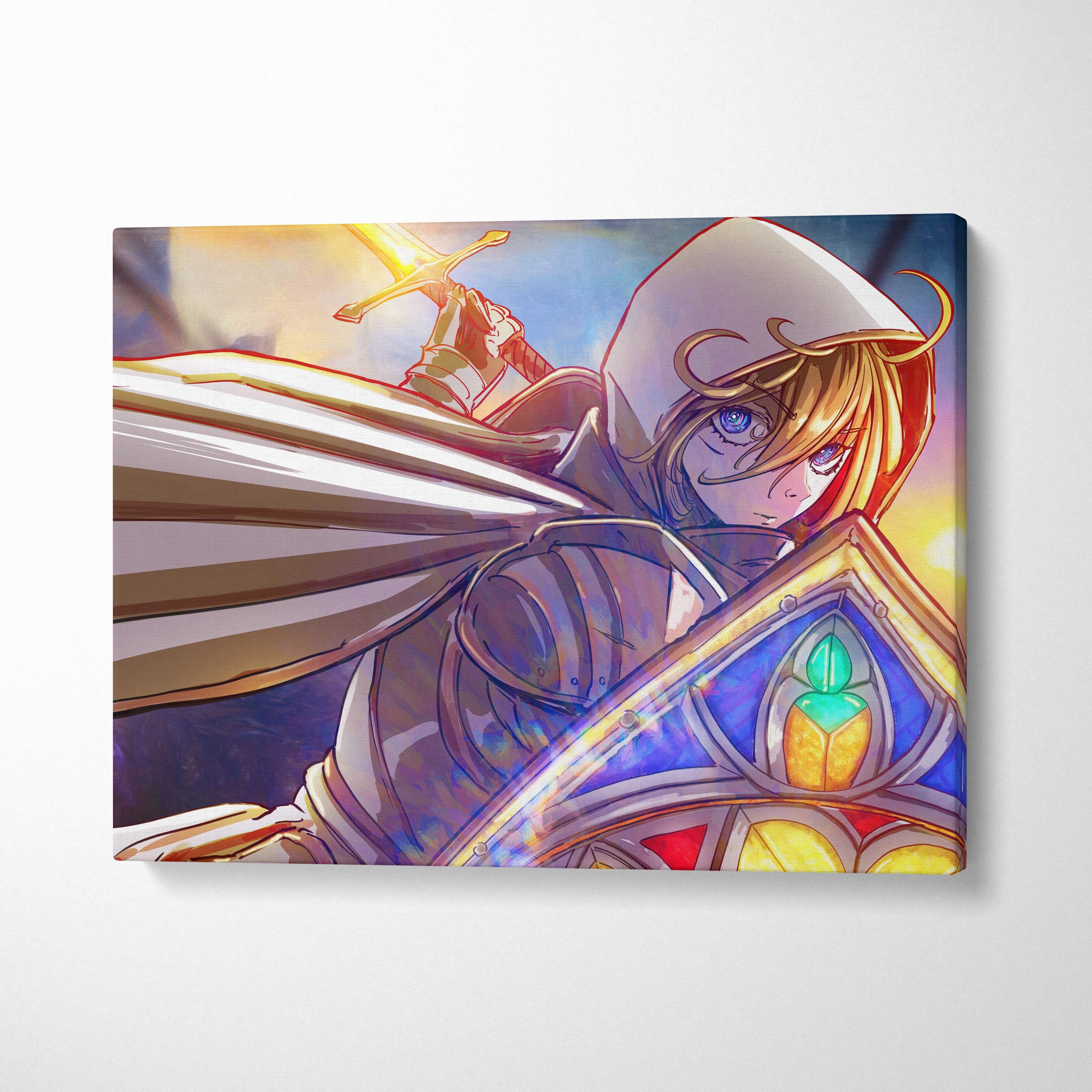 A vibrant anime-style canvas art featuring a white and gold armored knight with glowing sword and stained glass shield