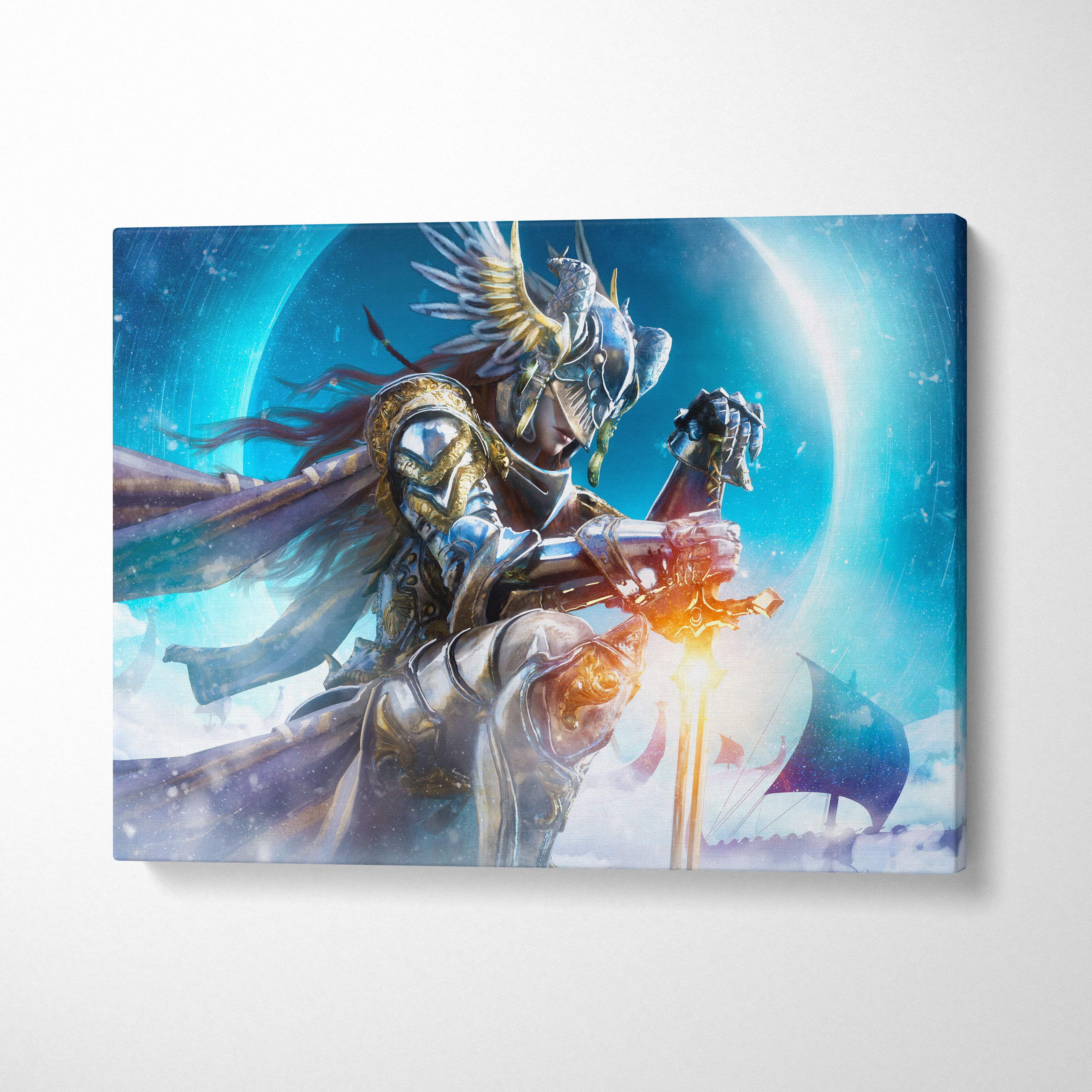 A framed celestial valkyrie canvas art featuring a fantasy warrior in silver and gold armor with a glowing sword against a blue cosmic sky