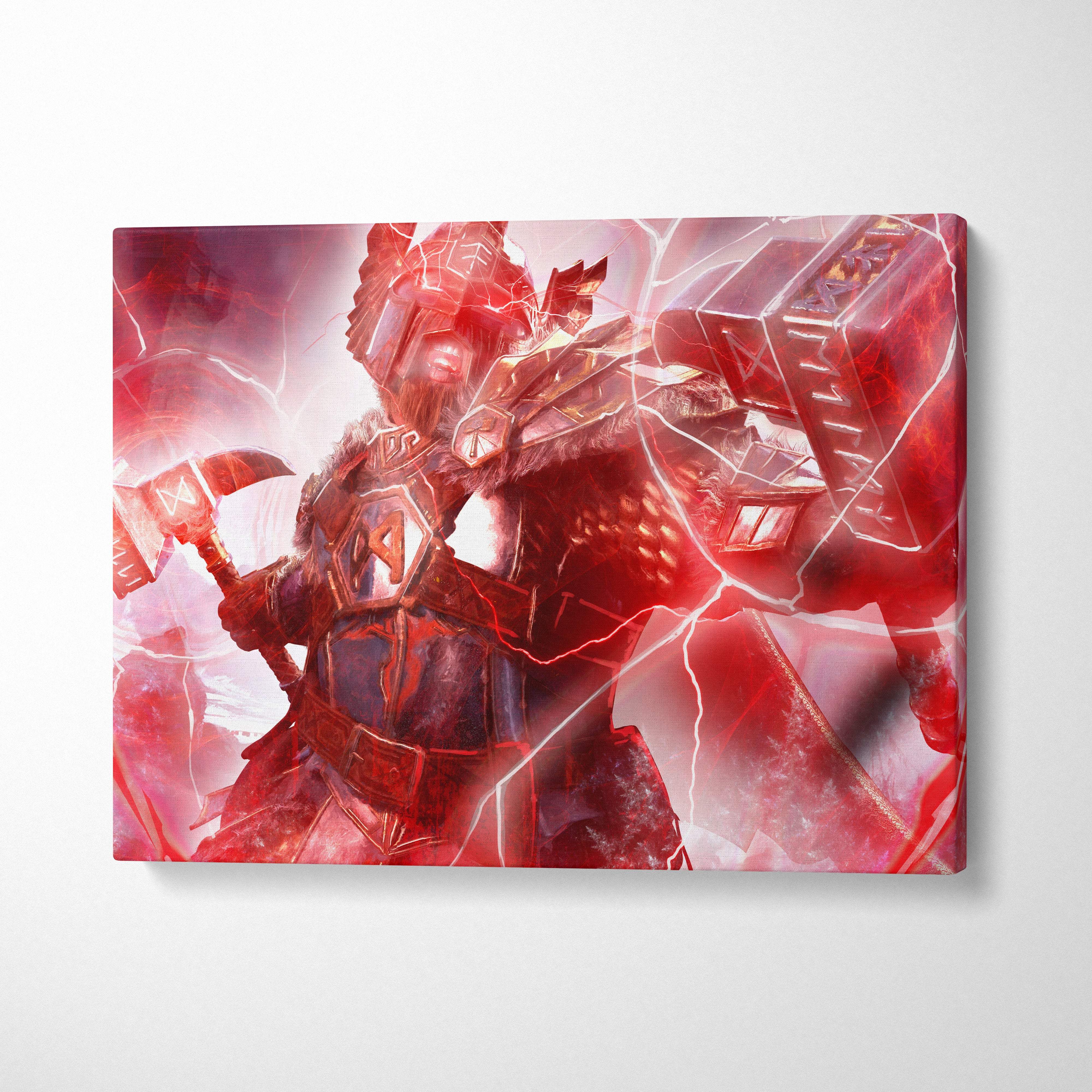 Thunder God Warrior canvas art featuring red and black armored viking with glowing double axes in electric crimson energy