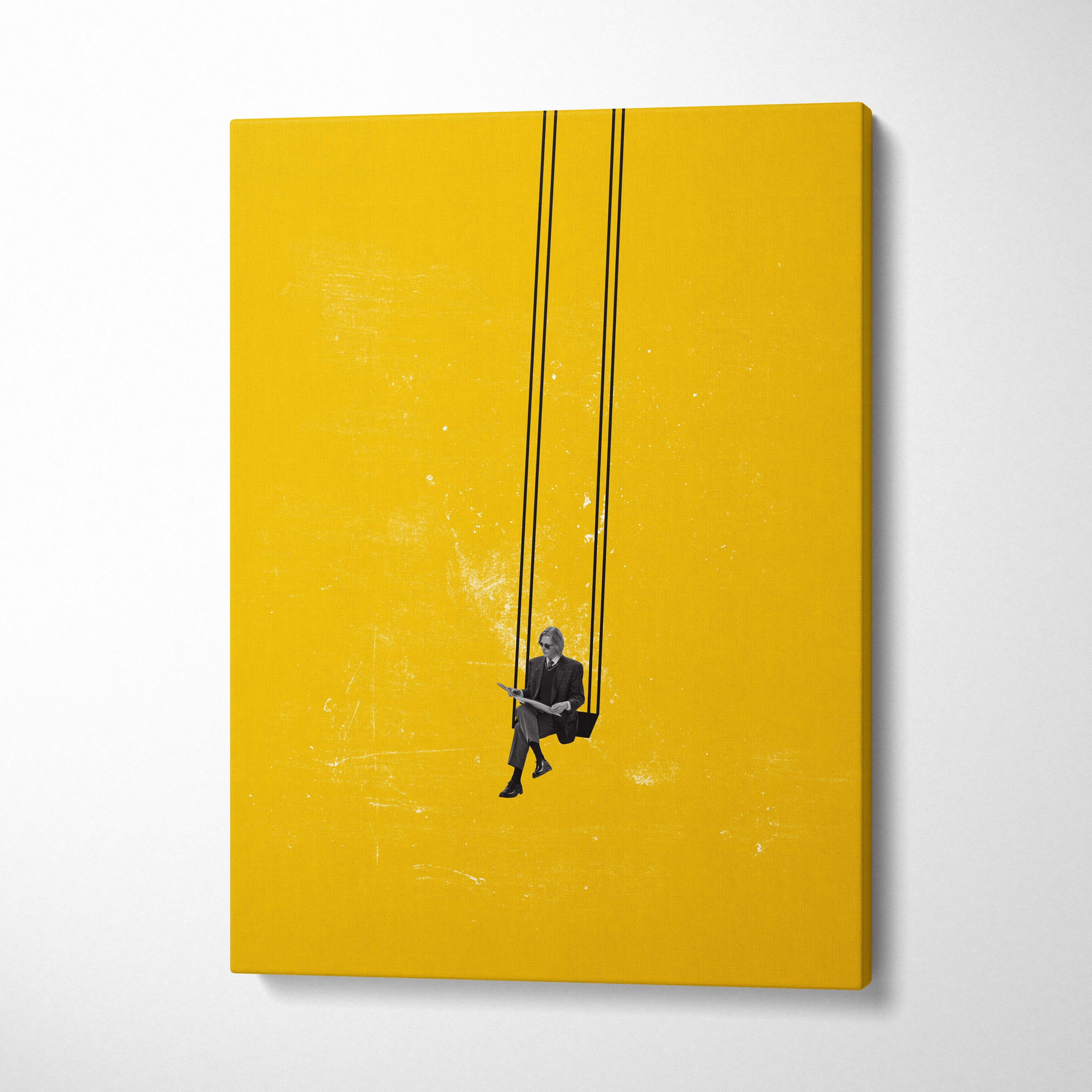 Vibrant yellow canvas wall art featuring minimalist black and white illustration of a man in a suit on a swing