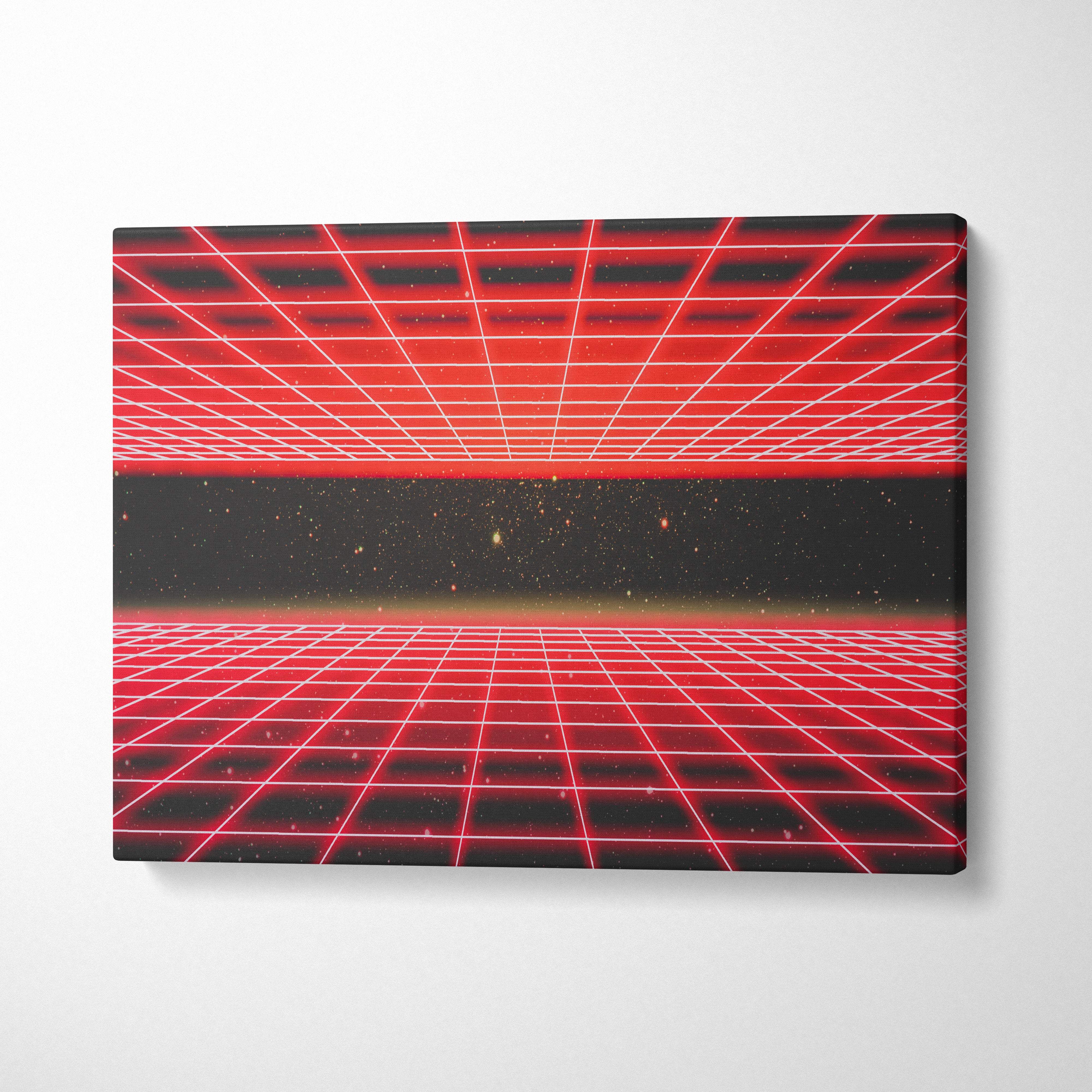 Retrowave red neon grid tunnel canvas art print with black starry space band vaporwave cyber space wall decor