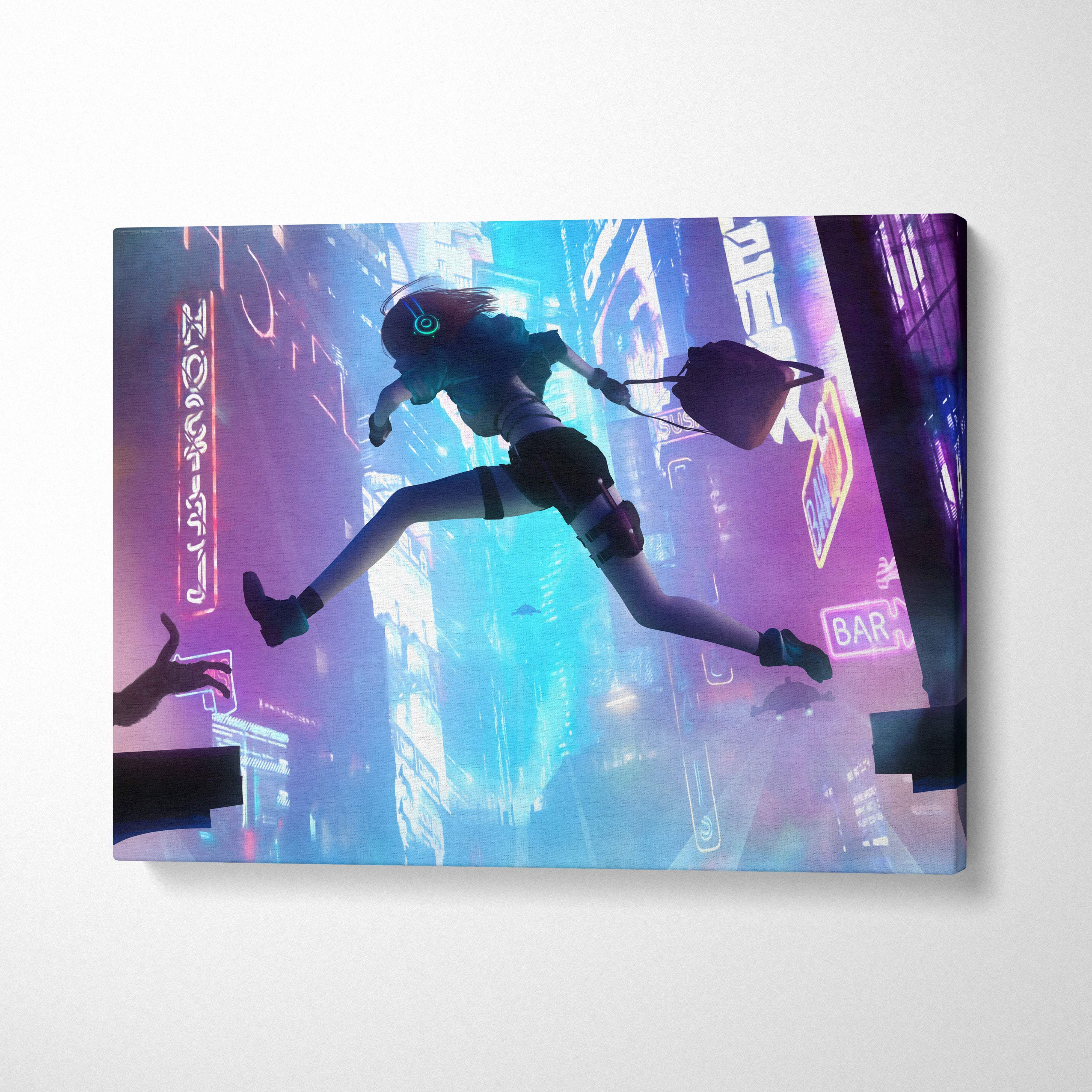 Cyberpunk city runner canvas art featuring a neon-lit anime girl in blue and purple glowing urban nightscape