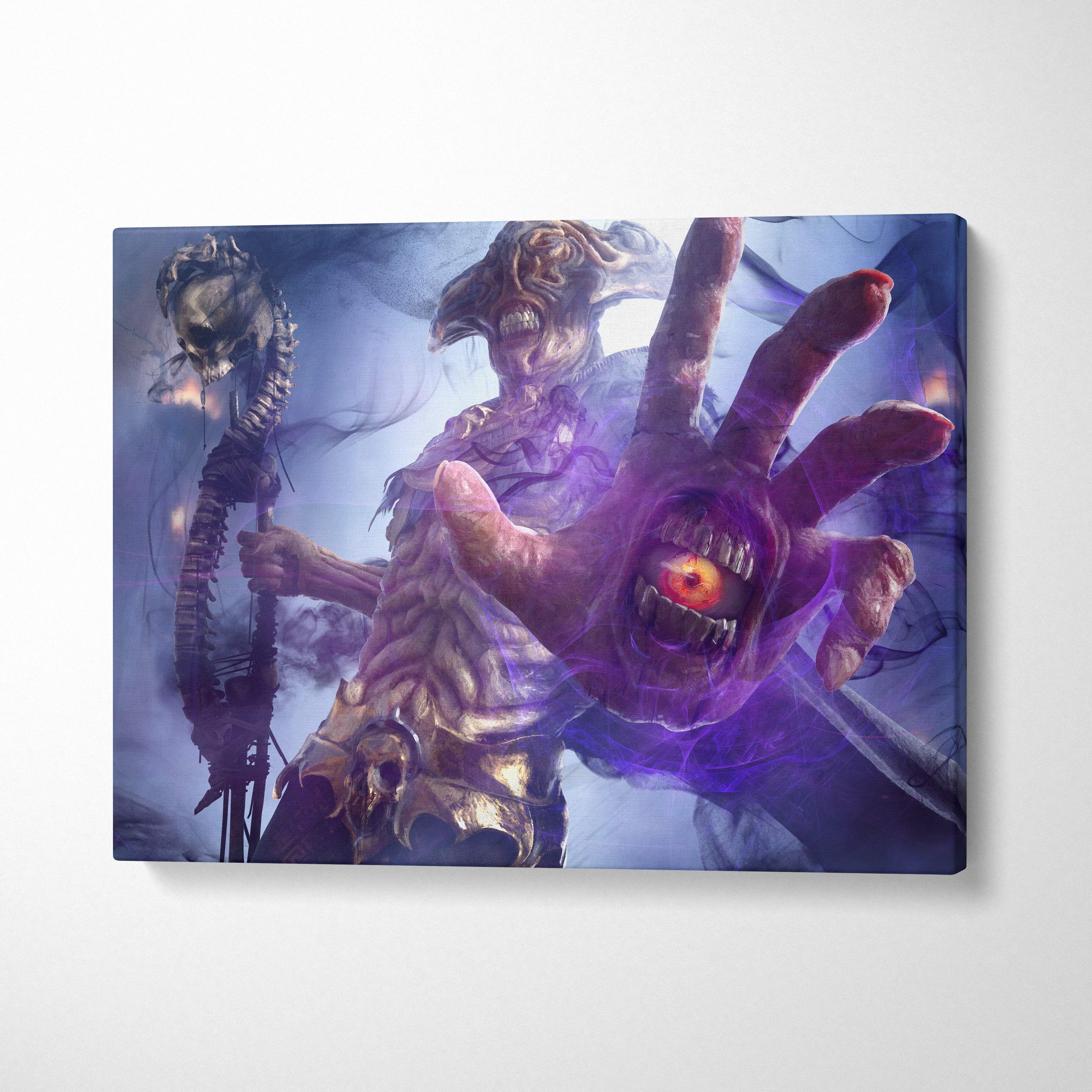Dark sorcerer horror canvas art featuring a grotesque hand with an eye glowing purple and blue smoky background