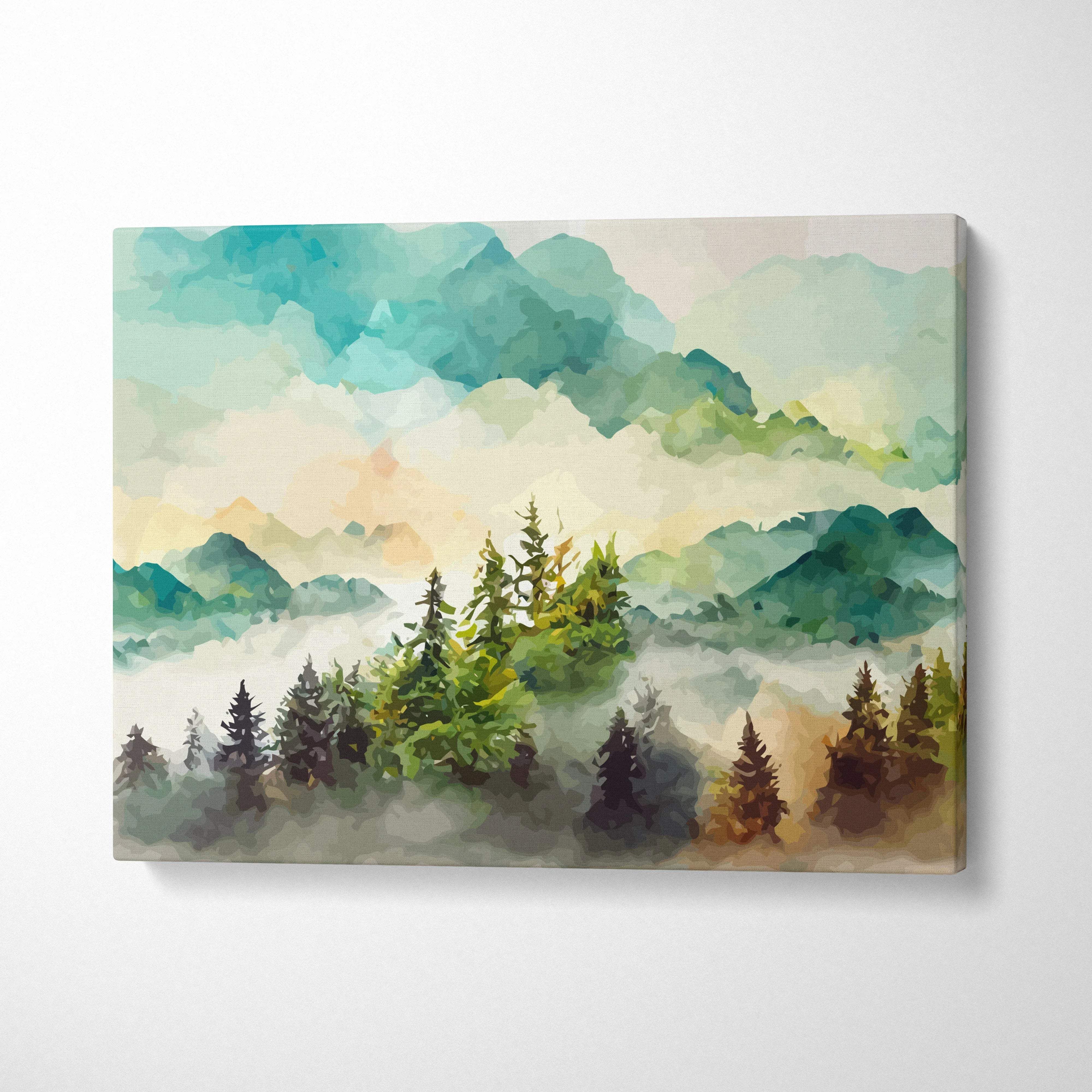 Watercolor mountain landscape canvas with misty peaks, pine forest, sunrise tones