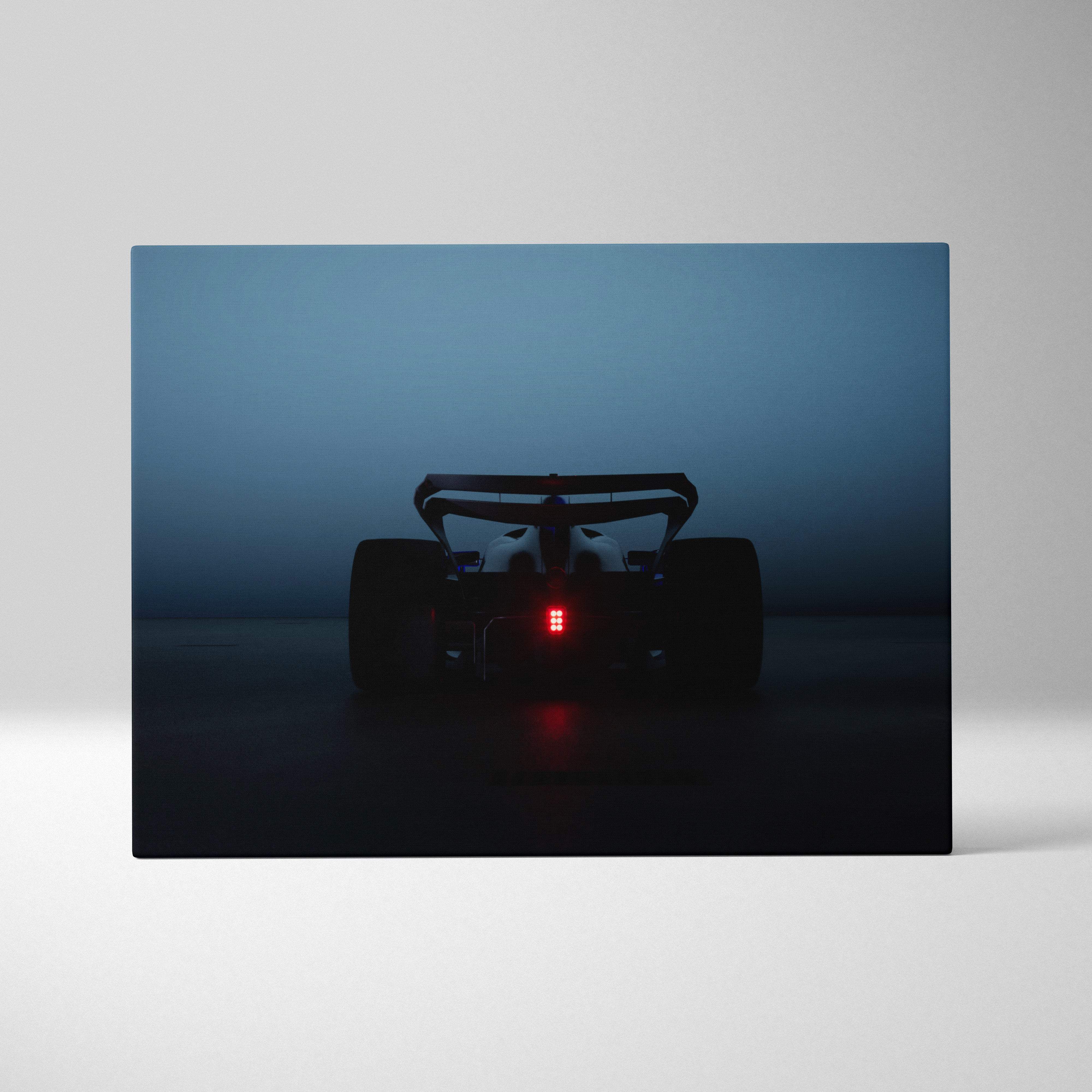 Dark formula race car canvas wall art print featuring a sleek black silhouette with glowing red taillights on blue backdrop