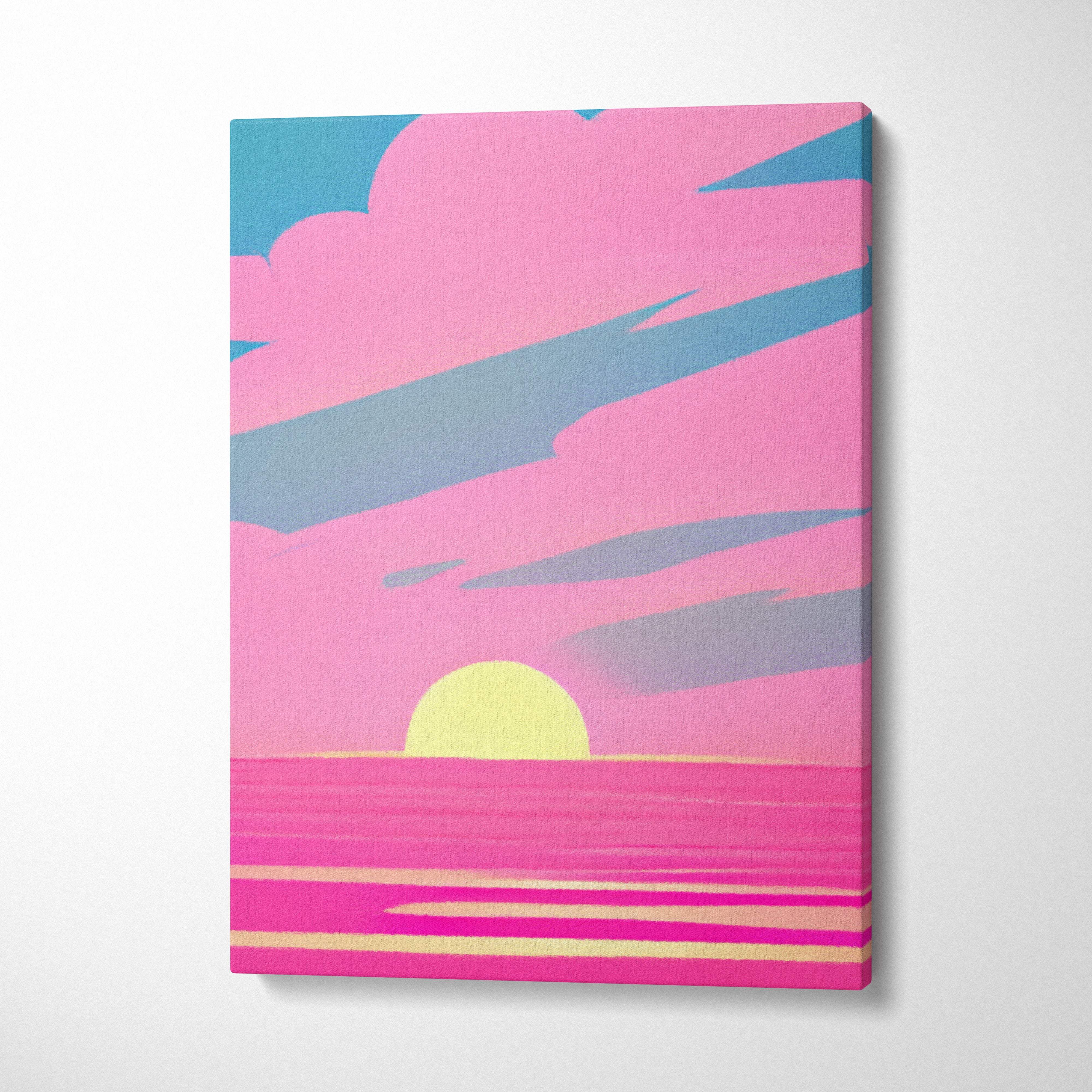 Vaporwave pink ocean sunset canvas art print with vibrant retro stylized sunset in pink teal yellow neon tones