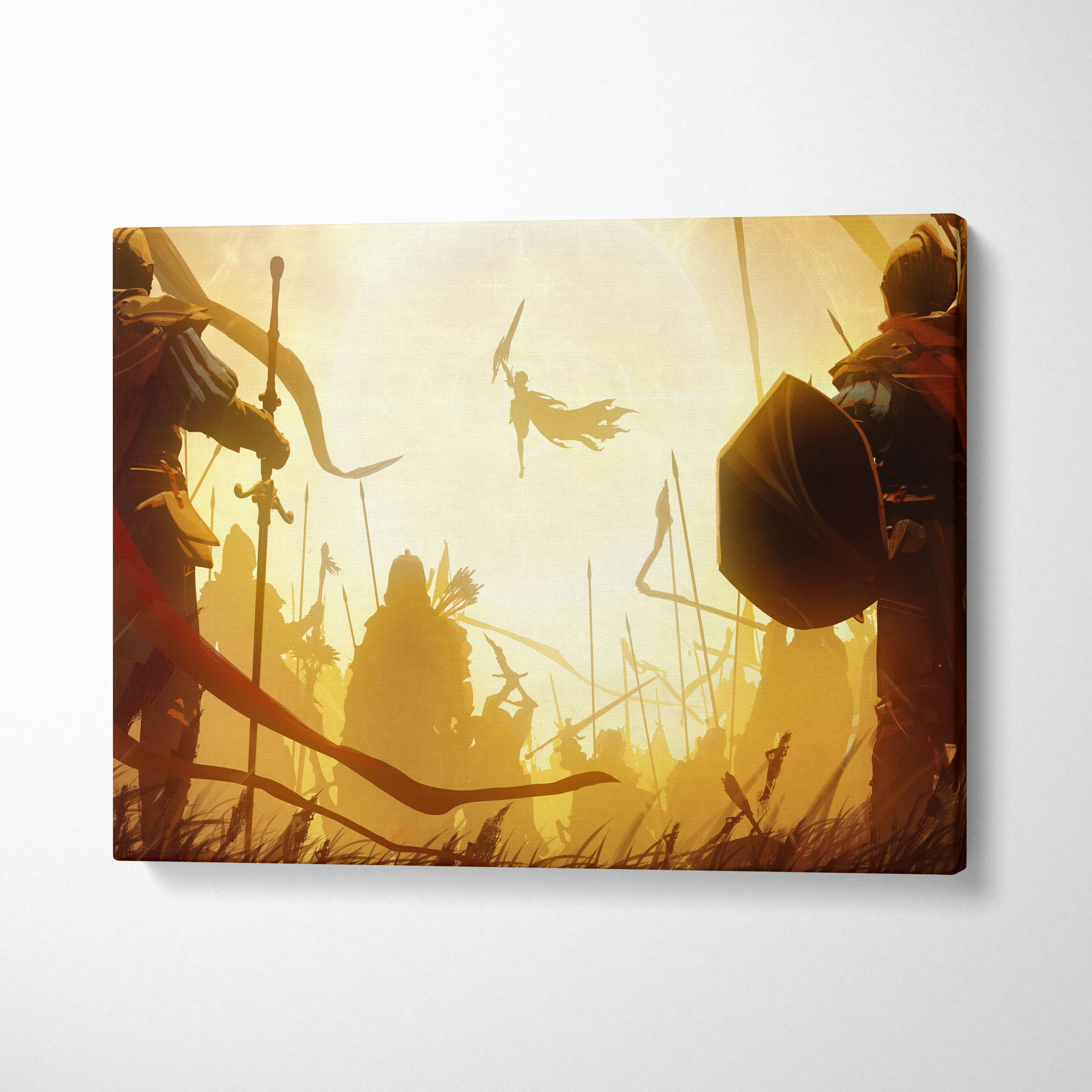 Celestial warrior ascension canvas art featuring silhouetted medieval warriors and a flying figure against a golden battlefield