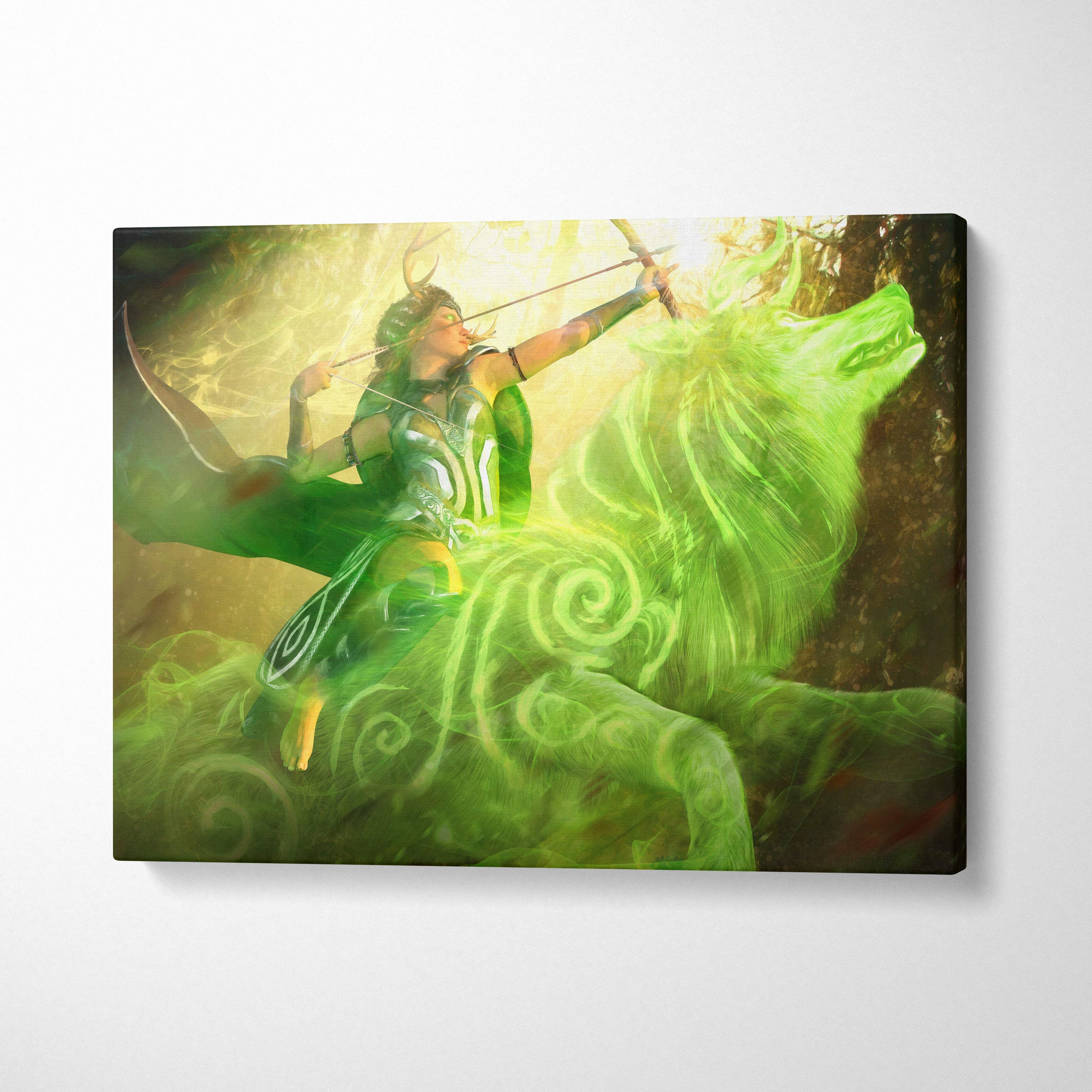 Forest spirit archer canvas art depicting a warrior in ornate armor riding a glowing green lion creature for wall decor