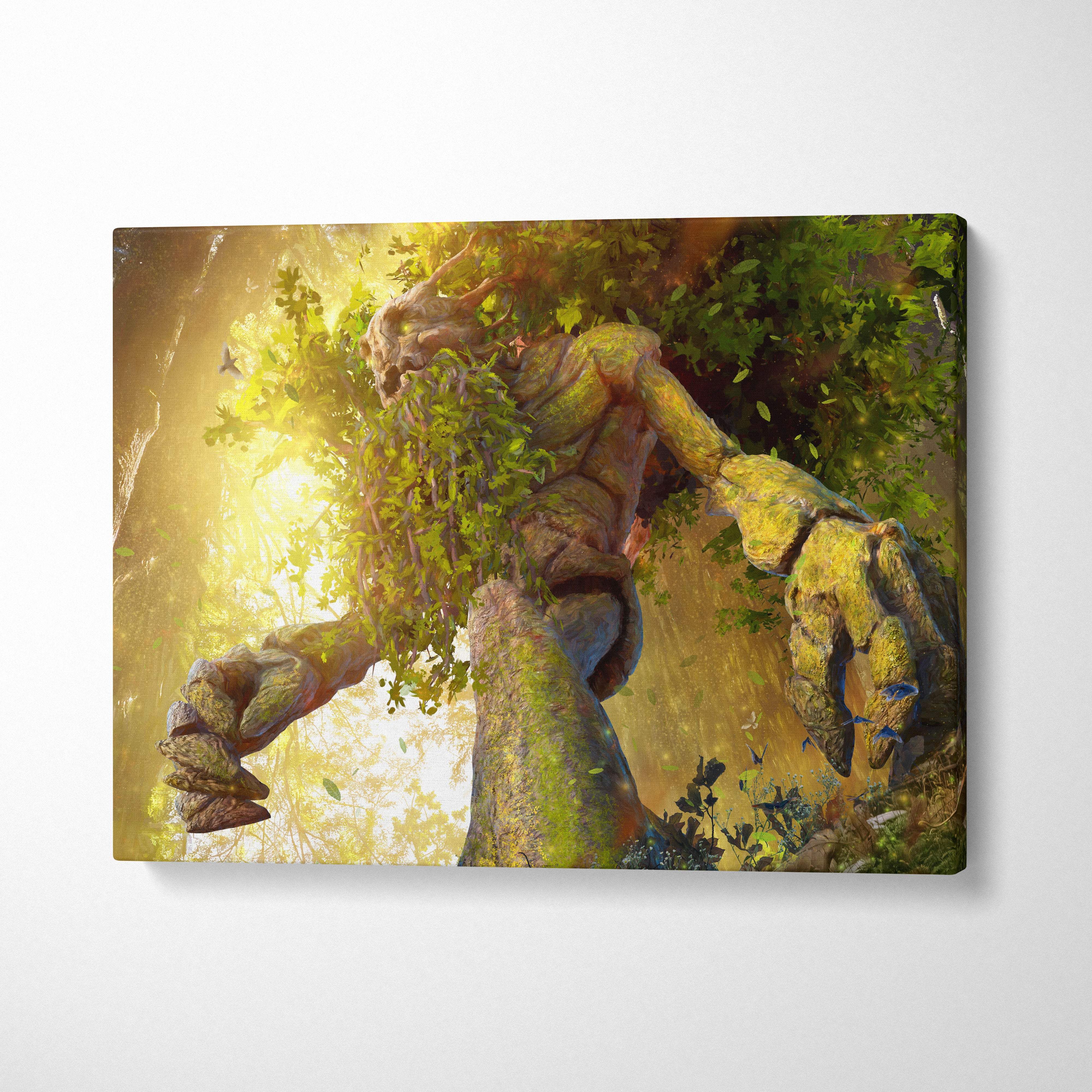 Ancient forest guardian canvas art featuring a moss-covered tree ent with sprawling limbs and lush green foliage