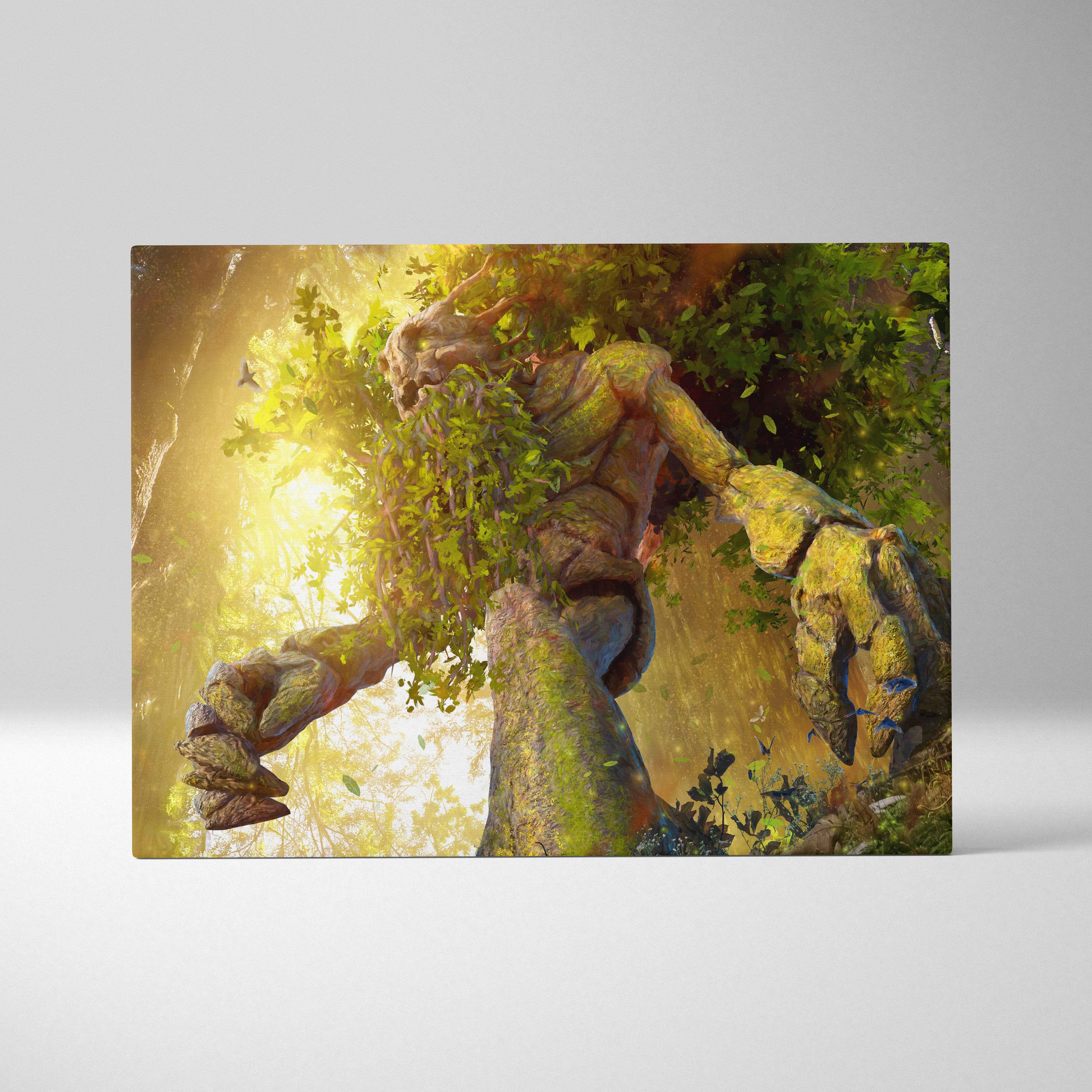 Rectangular canvas print of a moss-covered tree spirit bathed in golden sunlight in a lush green woodland setting