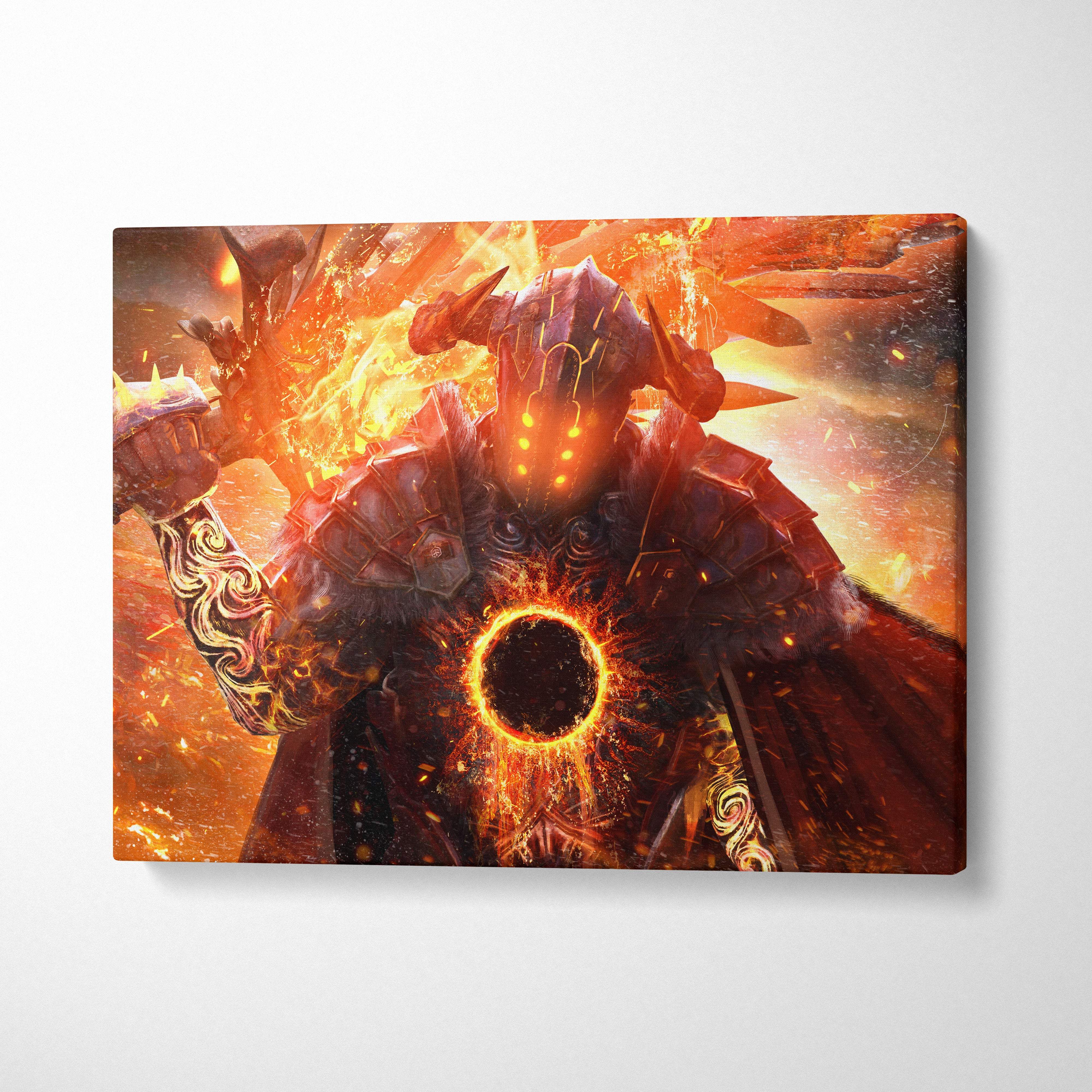 Inferno knight eclipse canvas art featuring a fiery armored warrior with glowing eyes and gold patterned gauntlets