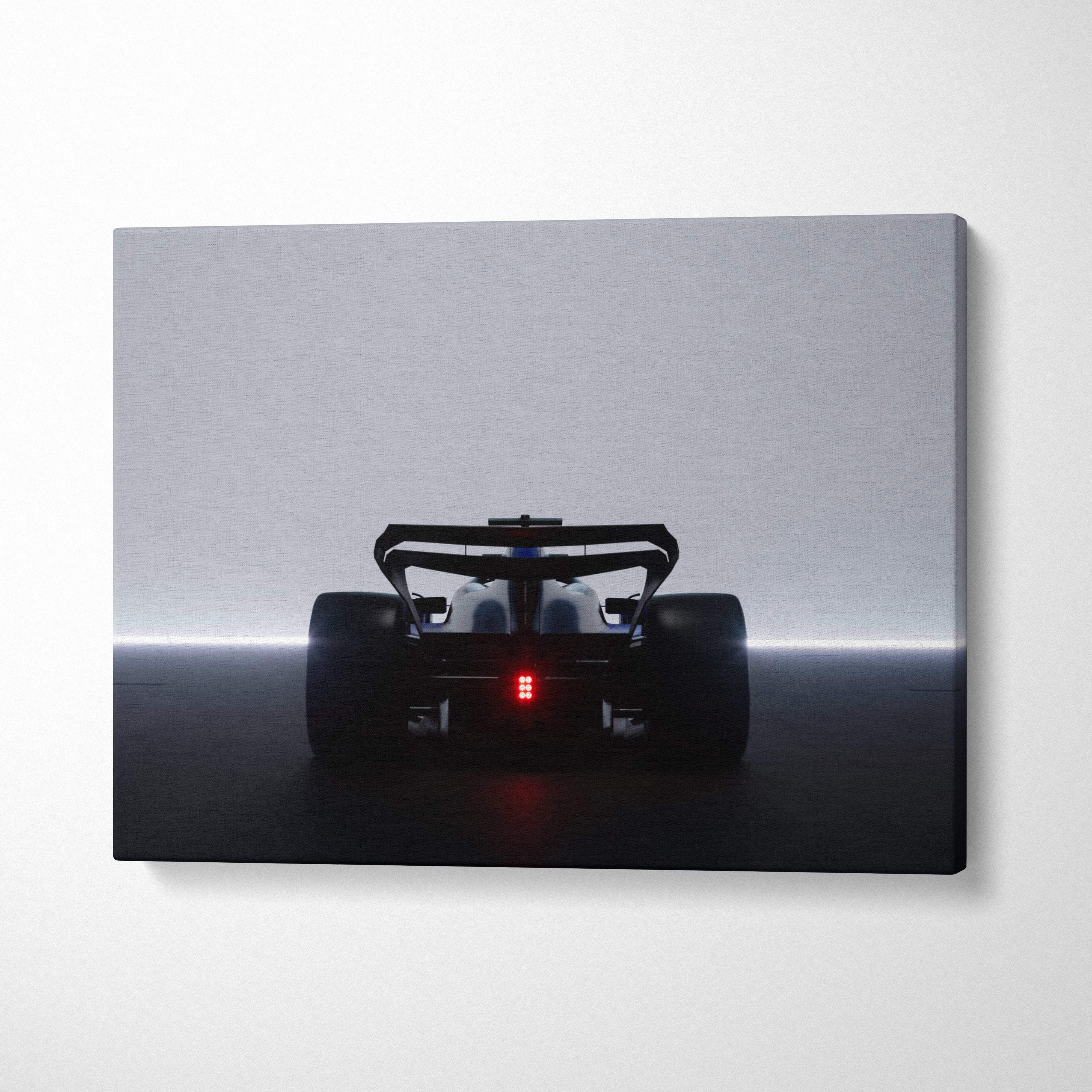 Black formula 1 race car silhouette with glowing red taillights on minimalist canvas for modern garage decor