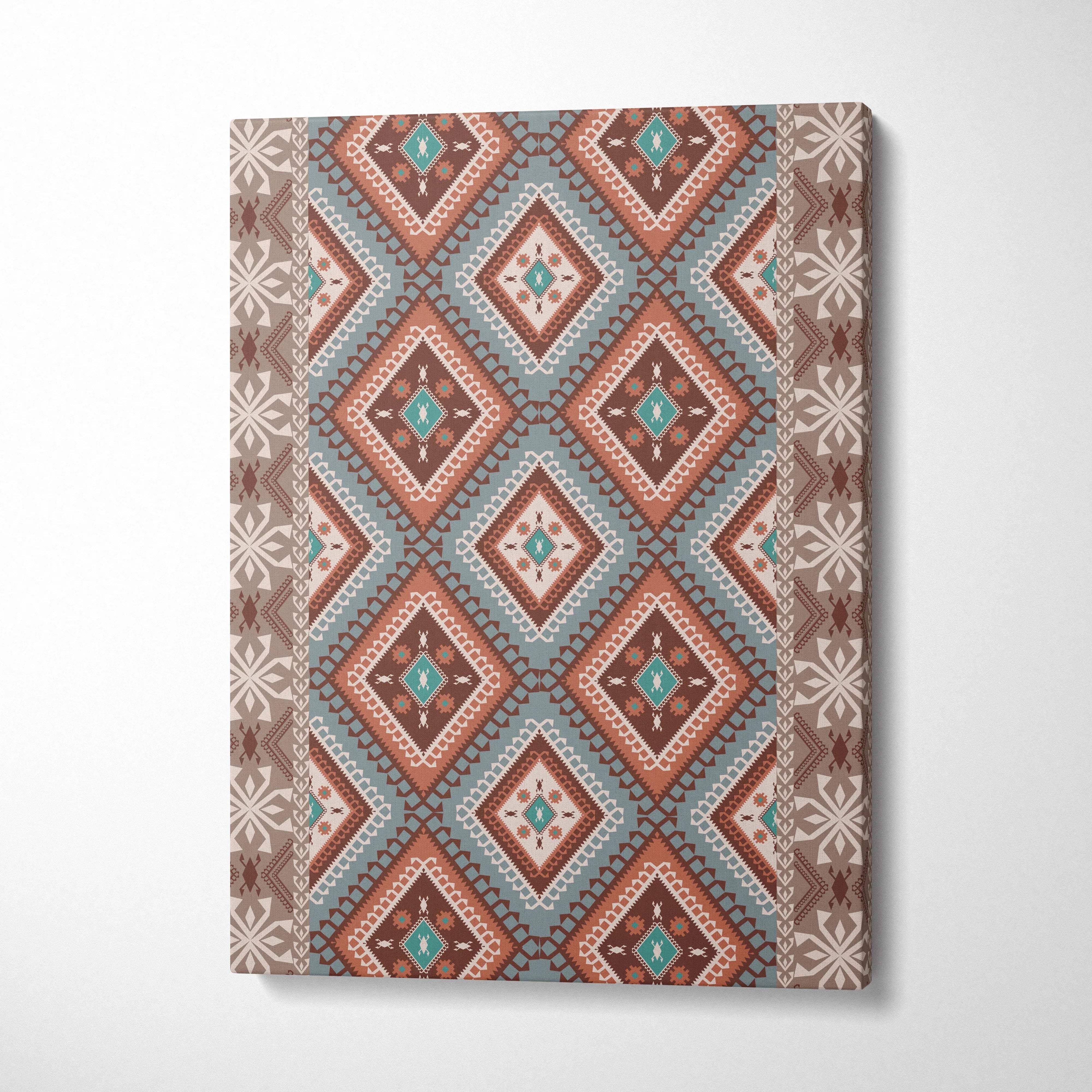 Tribal geometric diamond pattern canvas wall art in teal terracotta beige