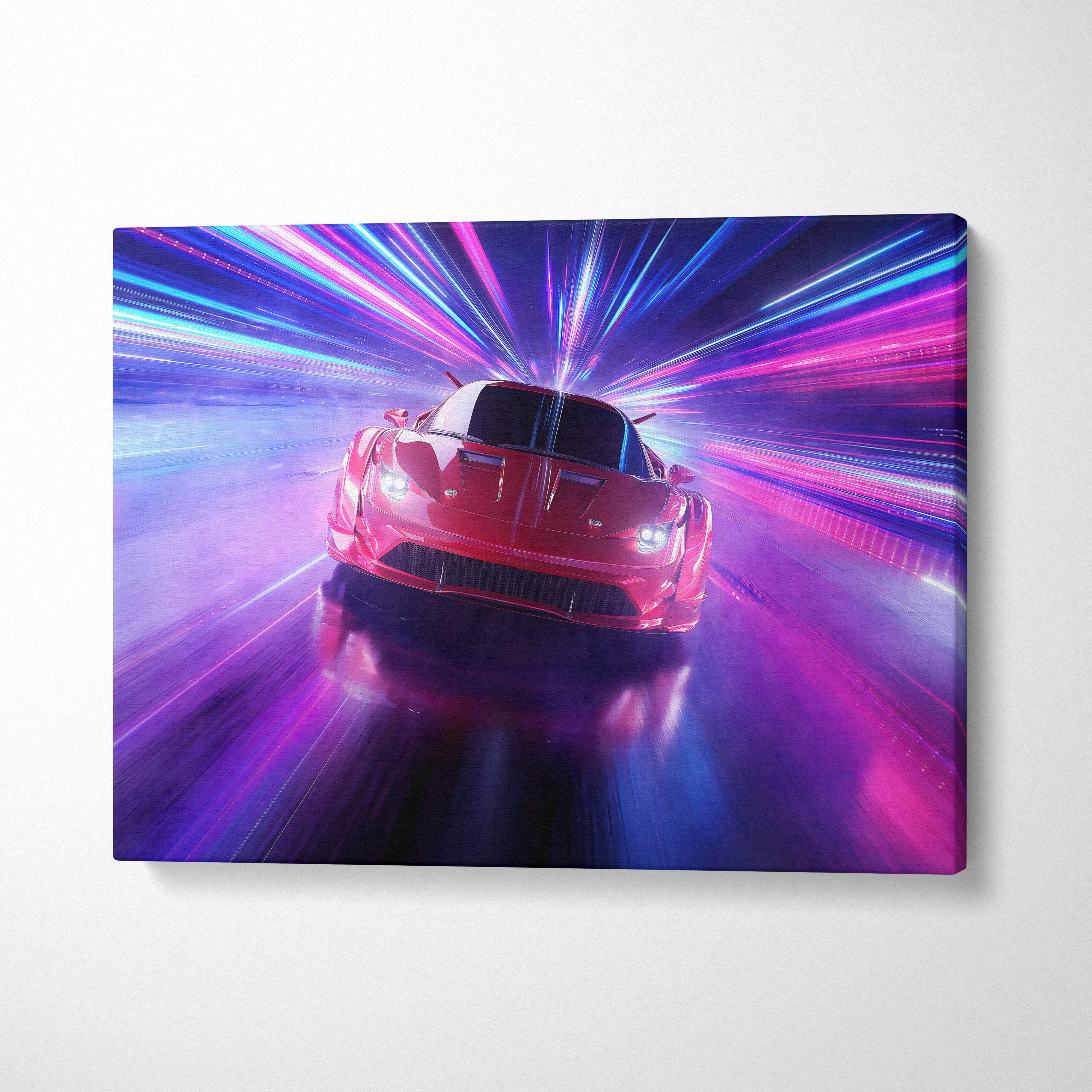 Neon speed supercar canvas art featuring a vibrant red sports car with purple and blue cyberpunk light trails
