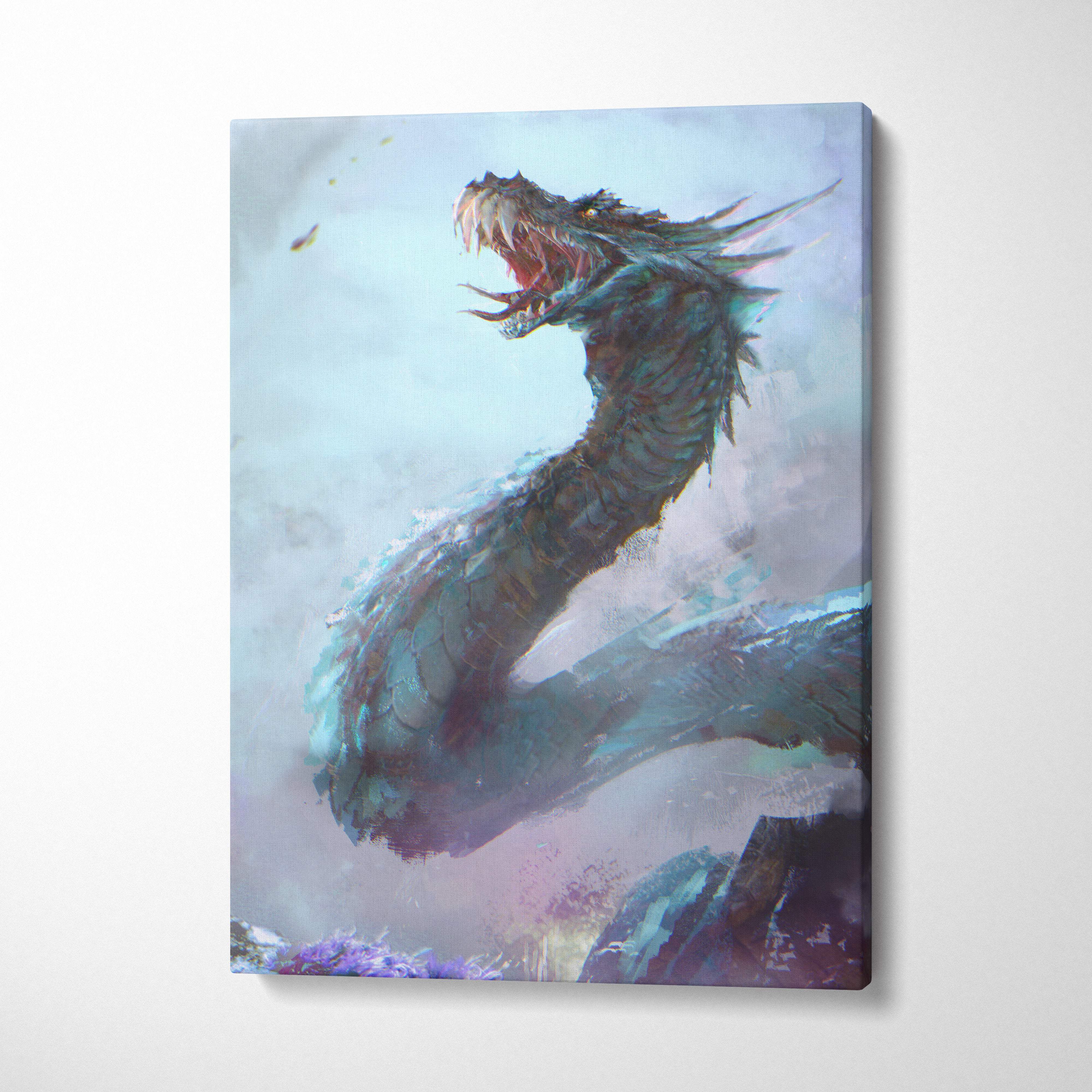 Blue ice dragon canvas wall art featuring a fierce teal scaled dragon with sharp teeth for gaming room decor