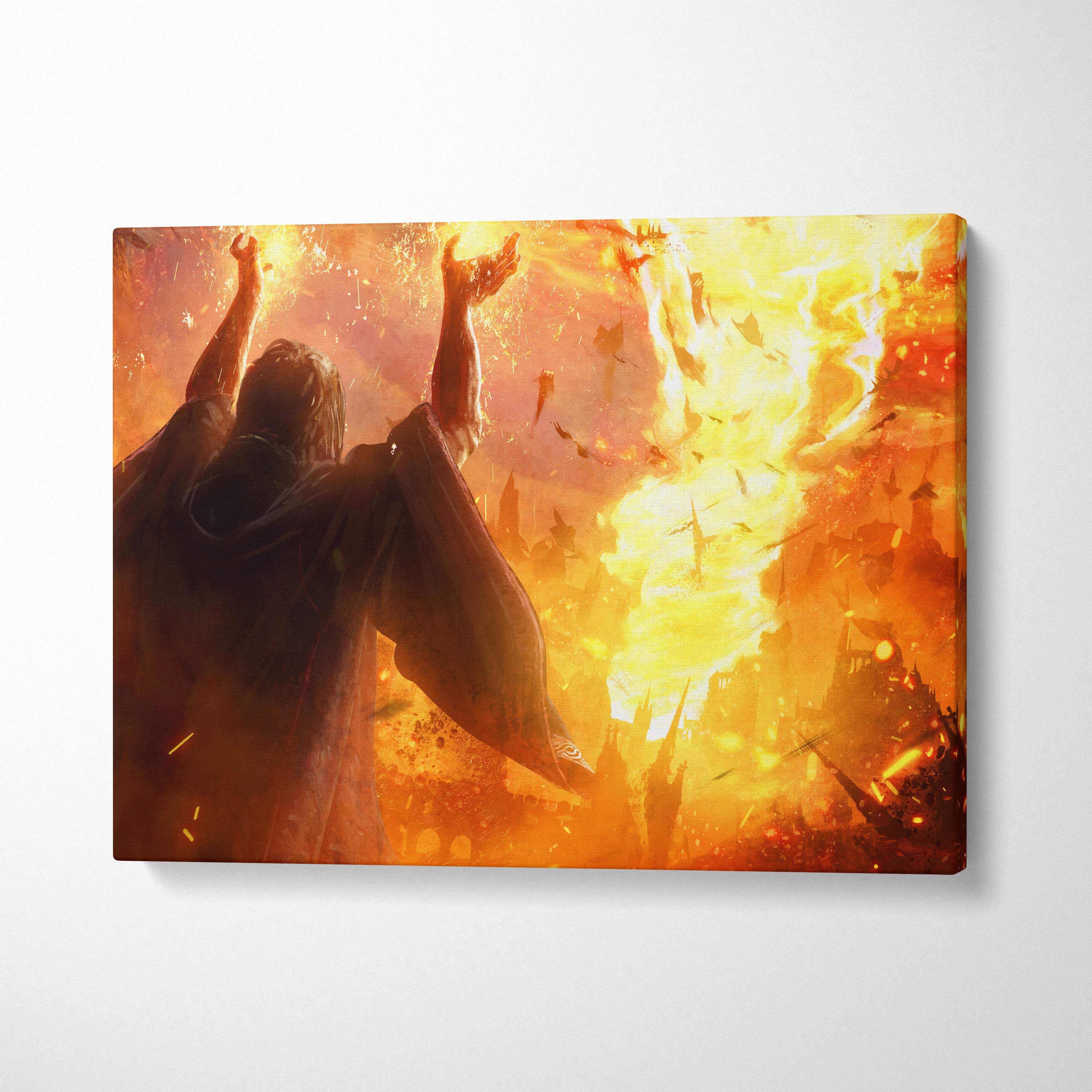 Apocalyptic fire mage canvas art with vibrant orange and yellow fiery scene of dark robed figure summoning inferno storm