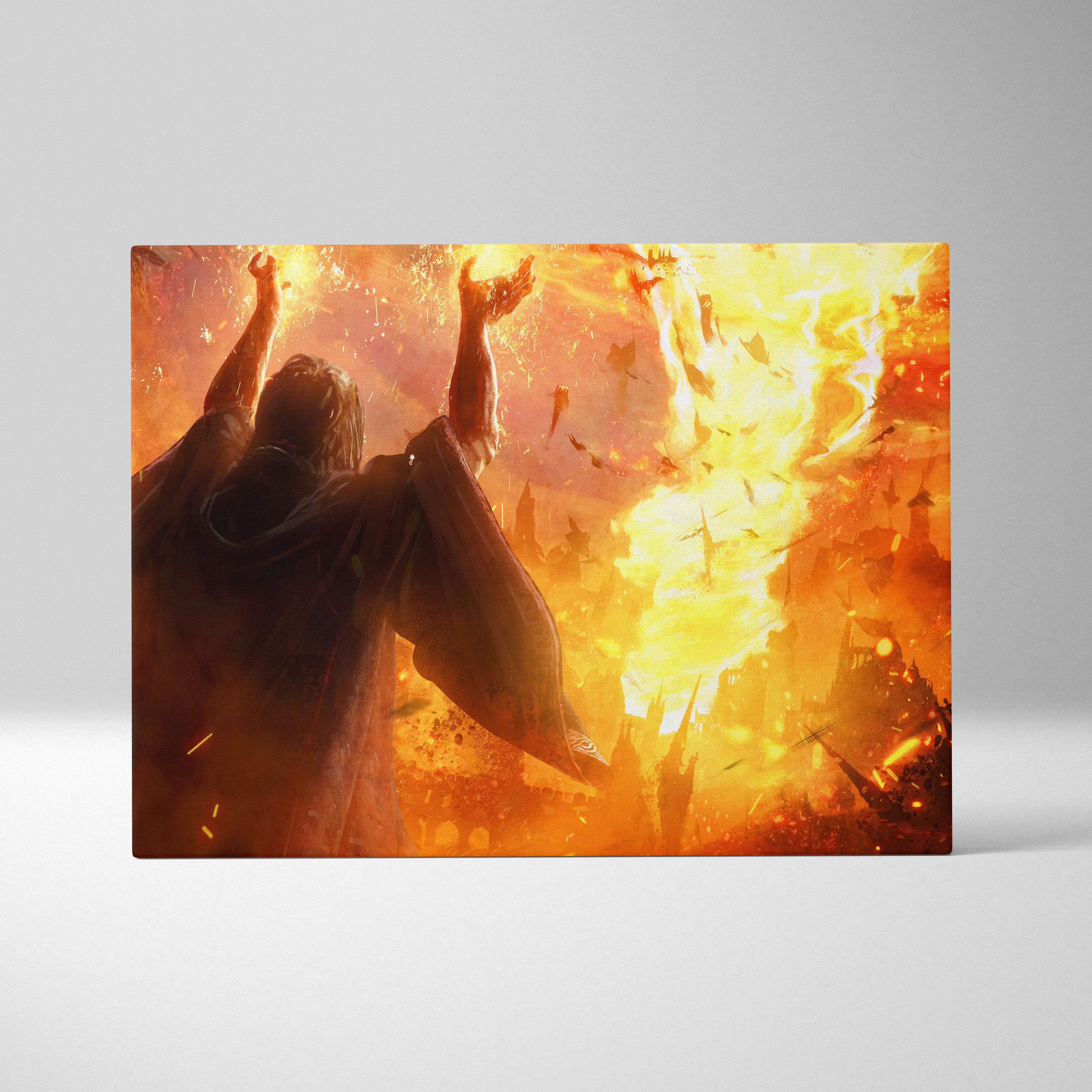 Apocalyptic fire mage canvas art featuring a robed figure with arms raised in fiery orange chaos over burning city