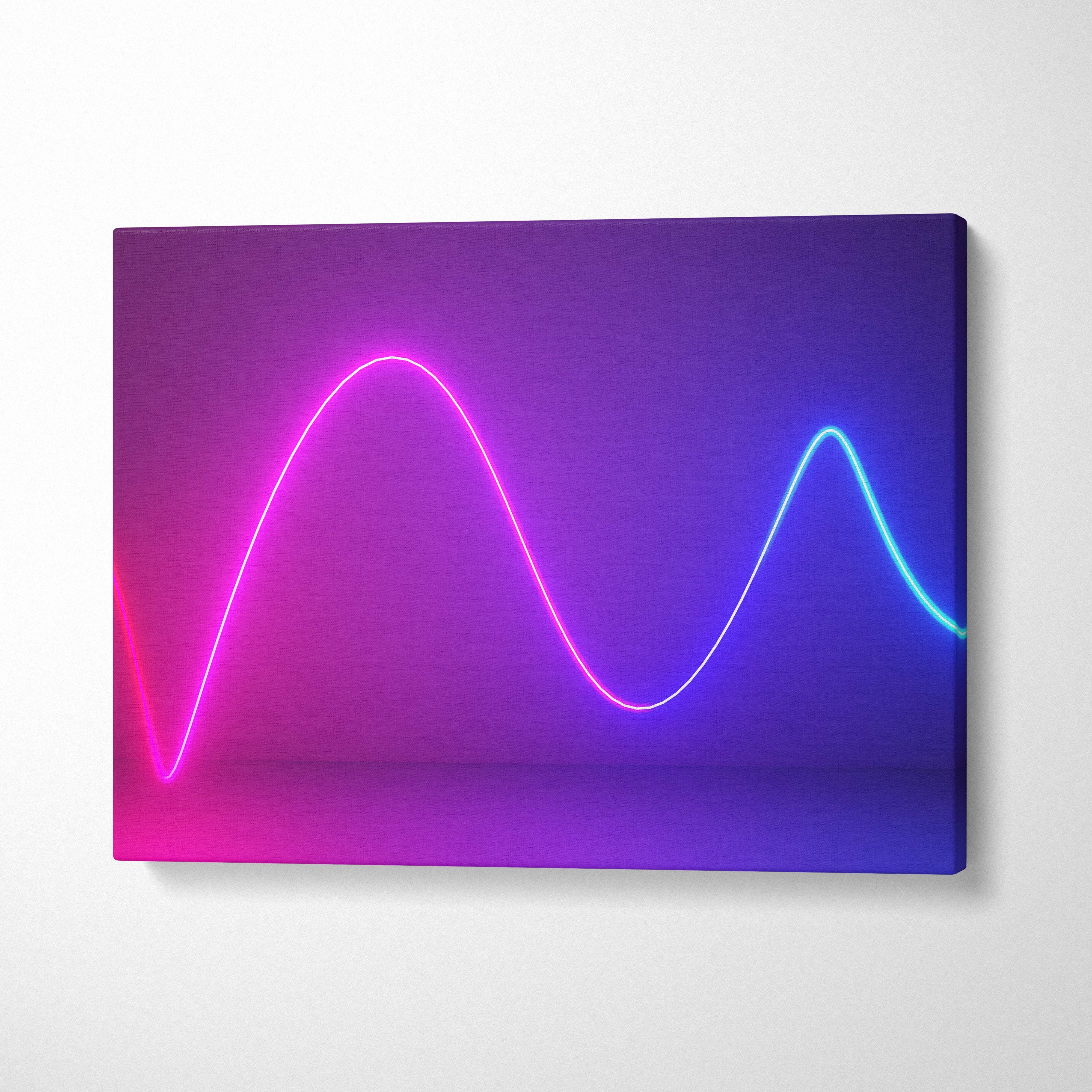Vaporwave neon wave canvas art print featuring a glowing pink and blue sine curve on a purple gradient background