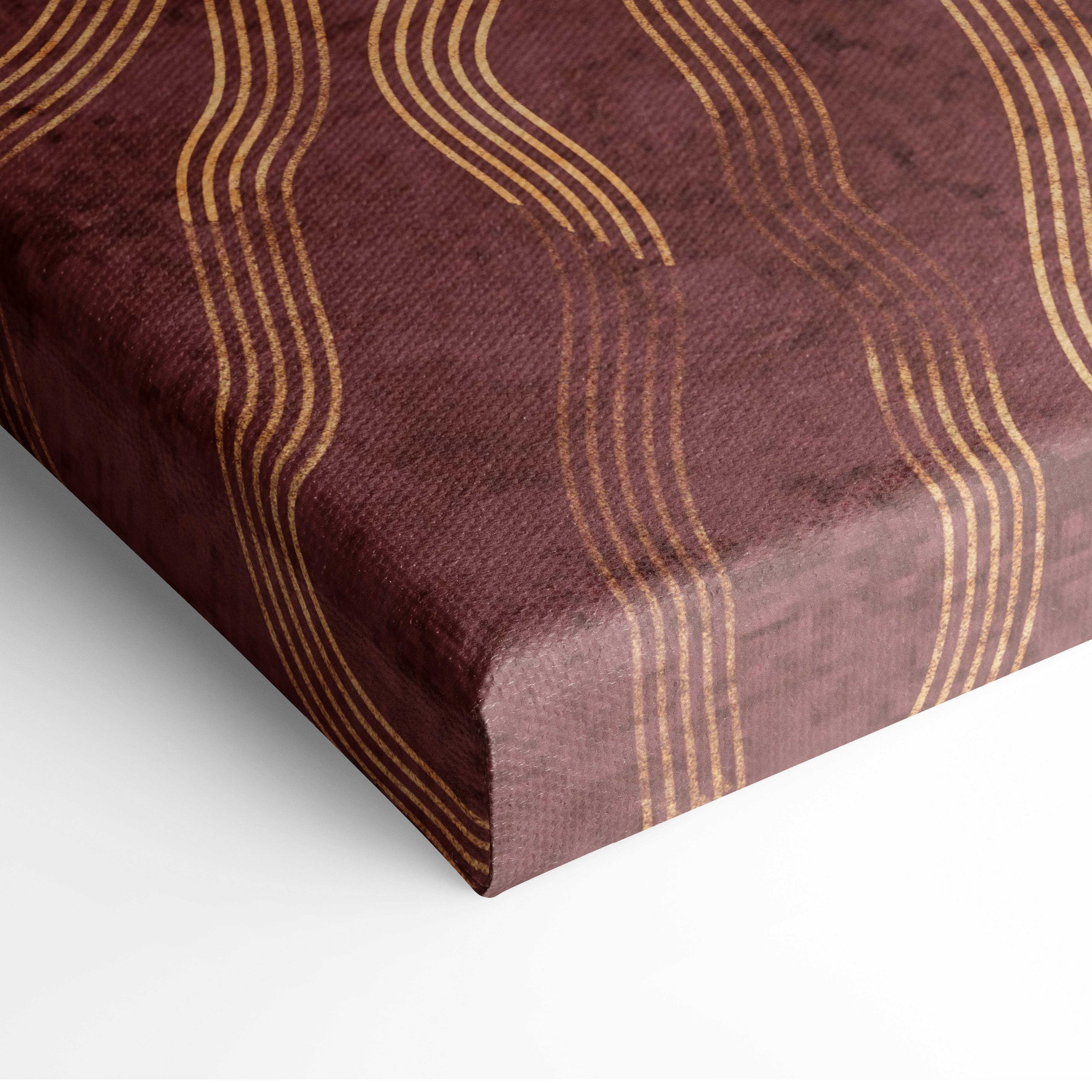 Boho sunburst canvas wall art with plush deep burgundy canvas and elegant gold wavy stripes for vintage boho decor