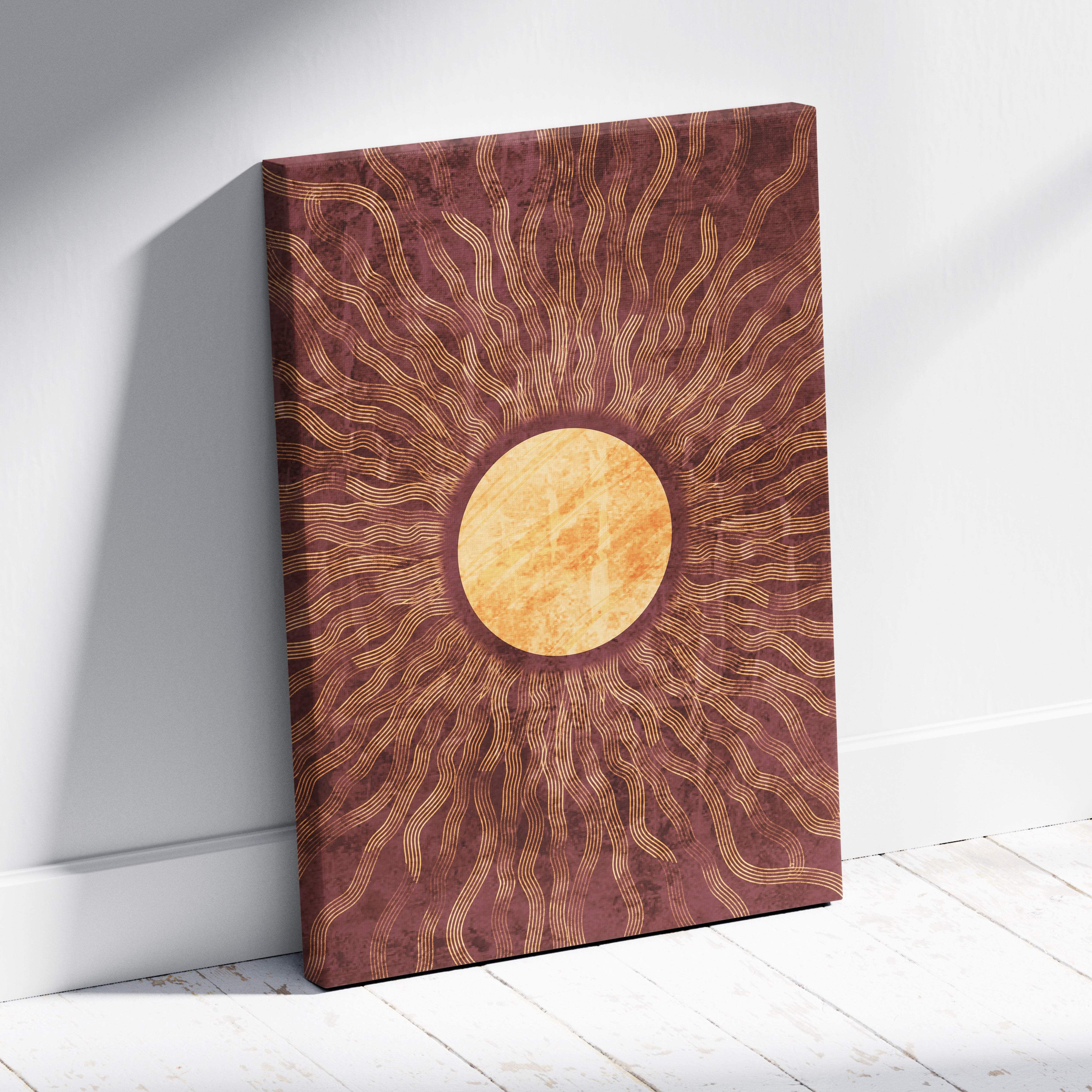 Brown canvas print with a golden sunburst featuring wavy lines in warm terracotta and golden brown boho wall art