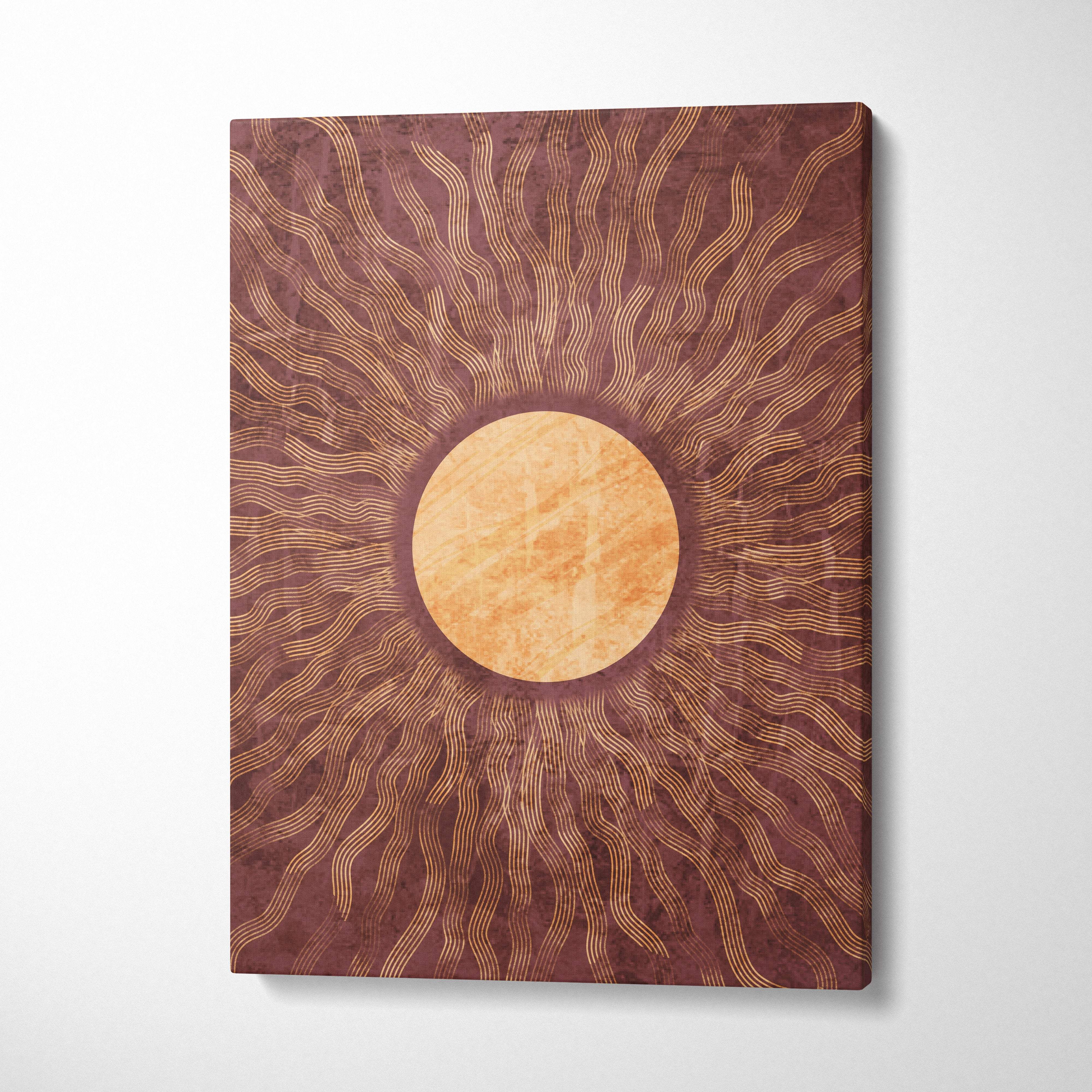 Rectangular boho sunburst canvas print with warm terracotta center and golden brown wavy rays on deep brown background