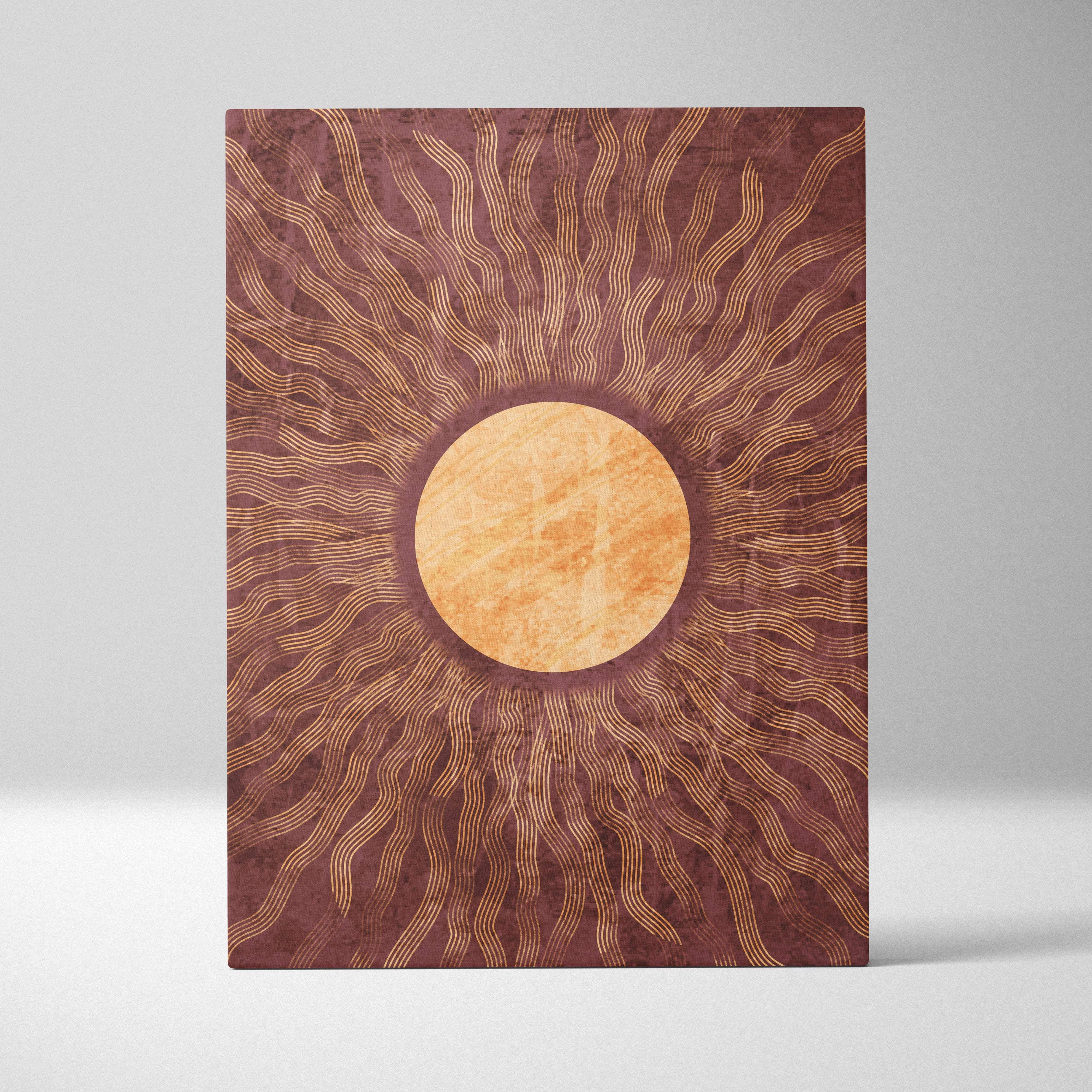Boho sunburst canvas wall art featuring a stylized sun with golden rays on warm terracotta and maroon background