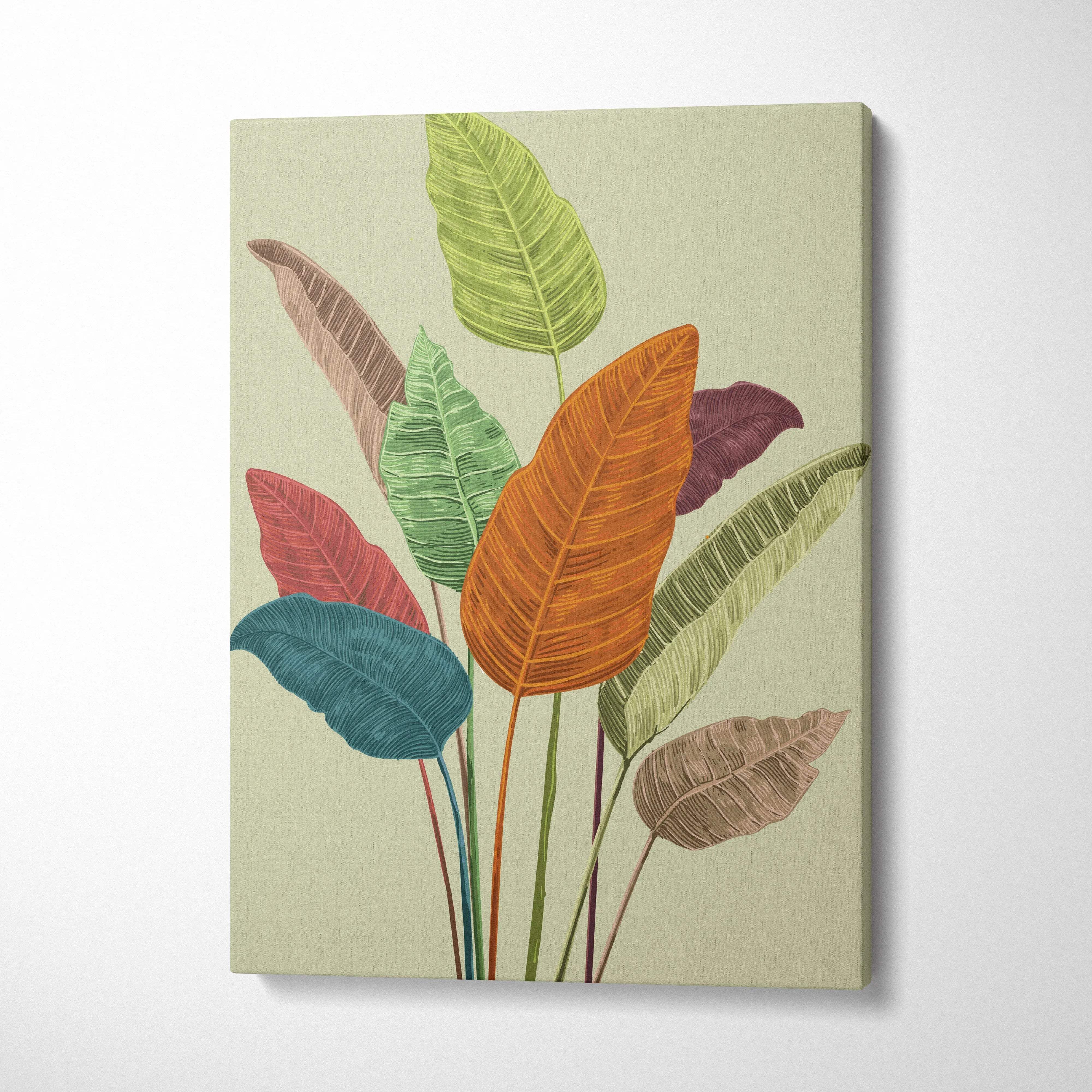 Colorful tropical leaf botanical canvas wall art in green teal orange burgundy tones