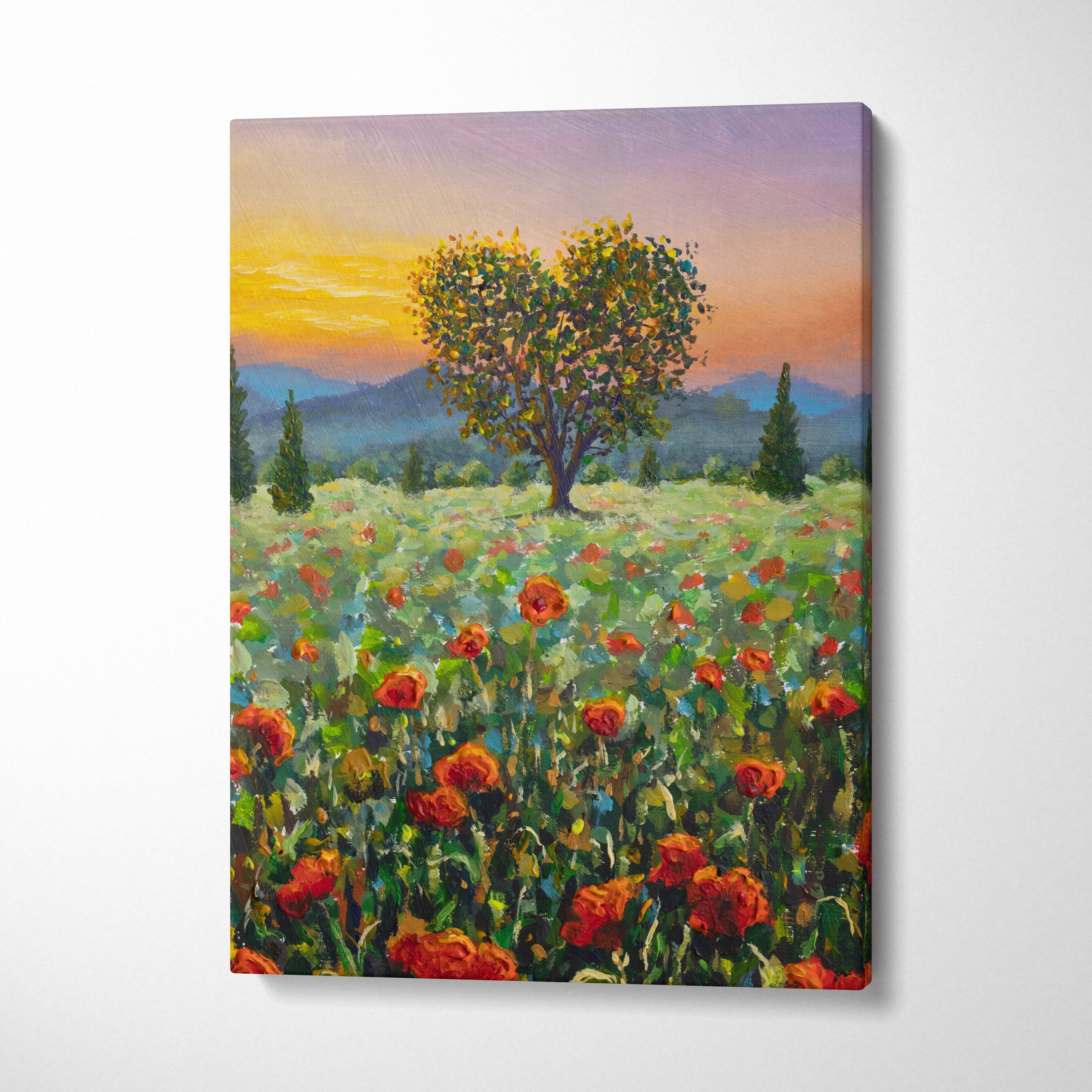Romantic heart-shaped tree canvas wall art with red poppies and warm golden sunset sky in impressionist style