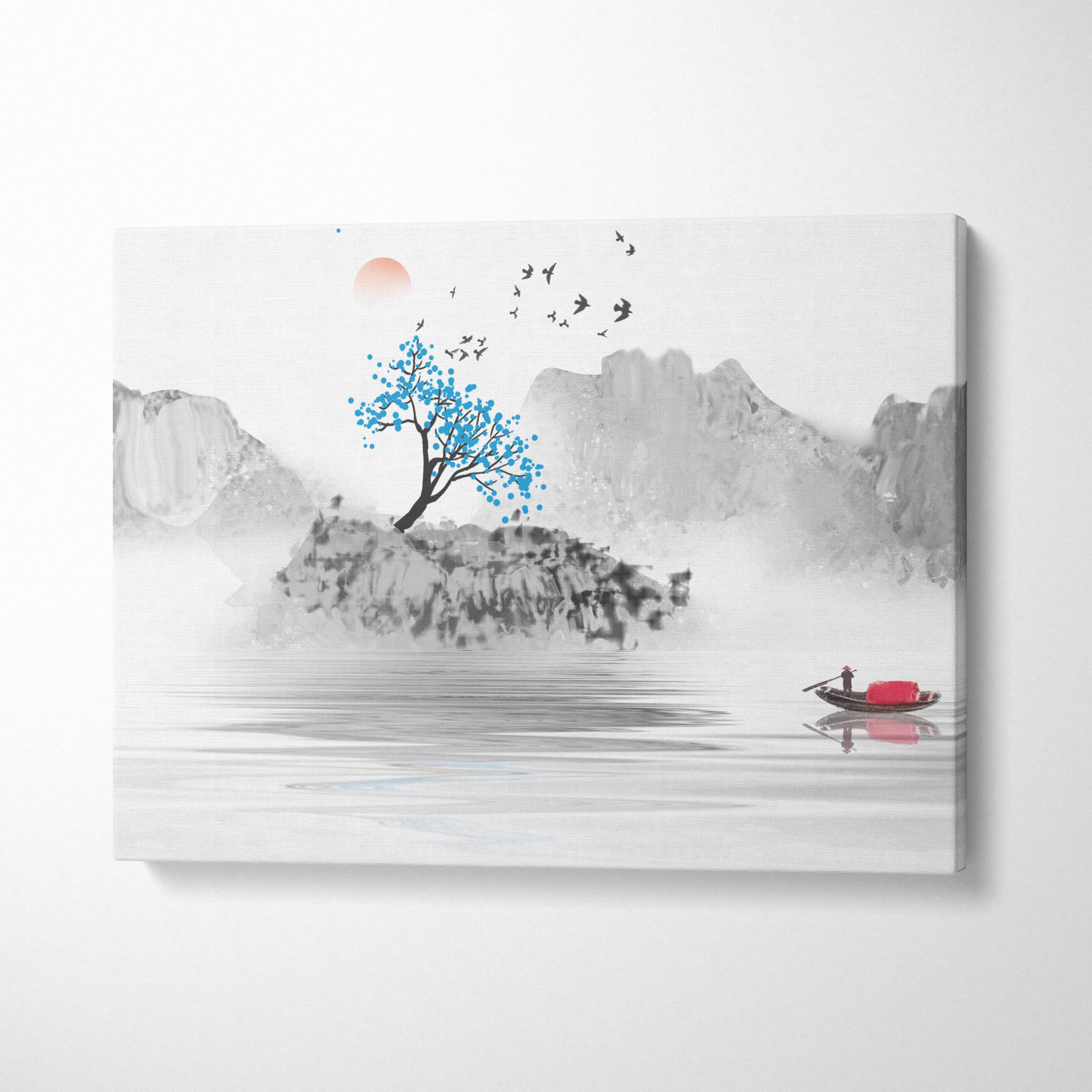 Minimal mountain lake canvas wall art featuring gray blue asian ink style with blue tree crowns and orange sunset accents