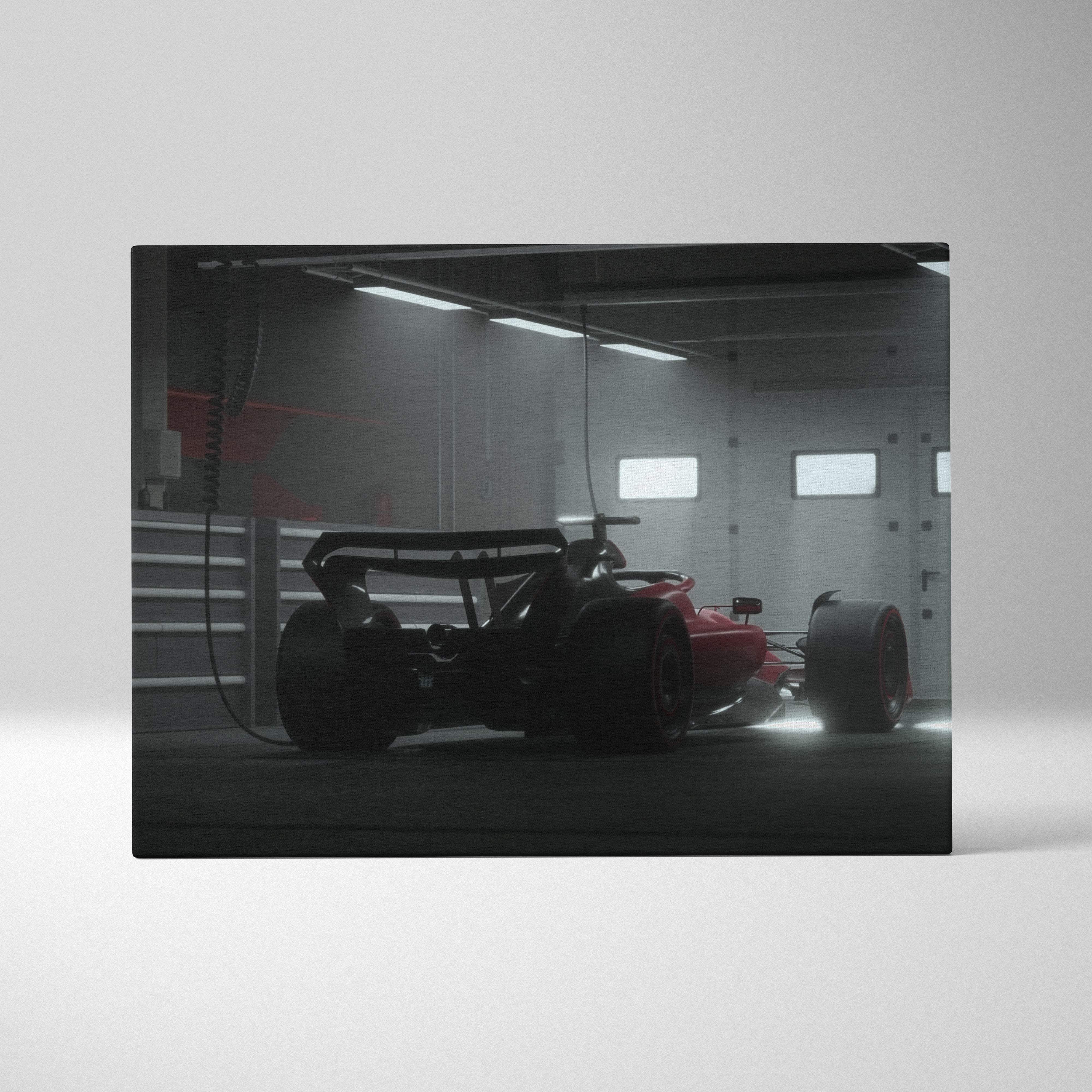 Dark formula race car canvas wall art print featuring a red and black f1 car in a moody garage setting for racing decor