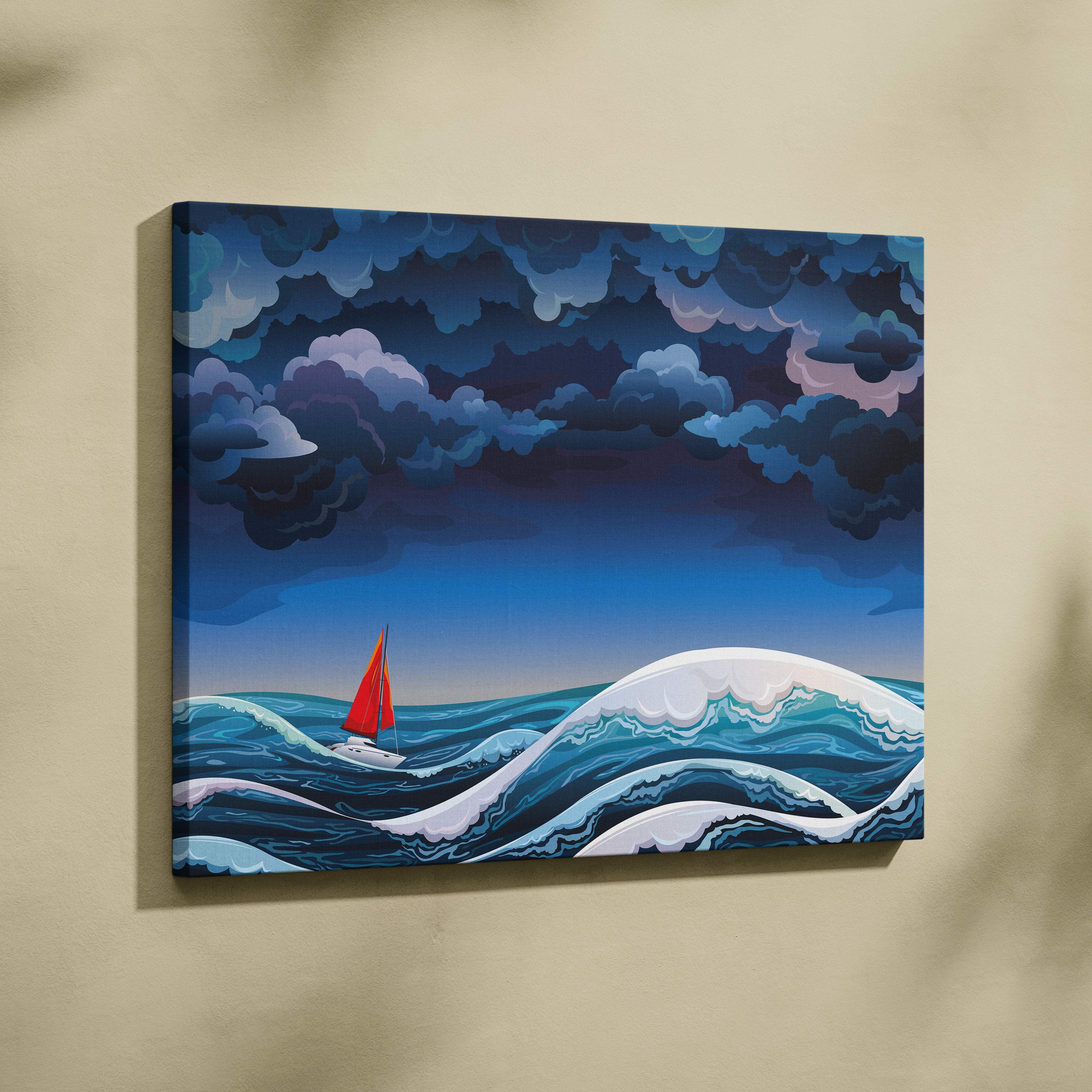 A vibrant canvas wall art print showing a red sailboat navigating stormy blue ocean waves under a twilight sky