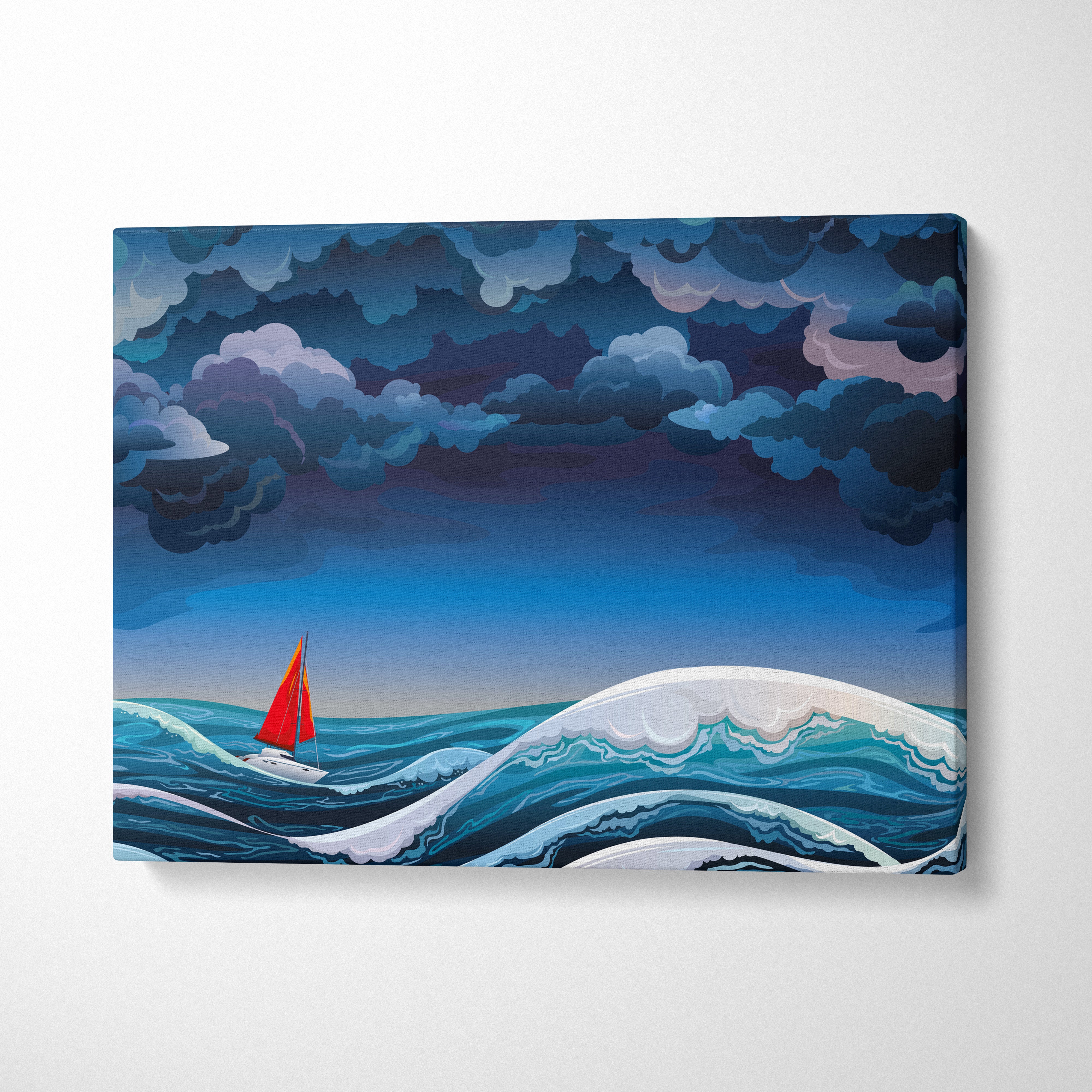 A vibrant canvas wall art print featuring a red sail sailboat on turbulent blue waves under a dramatic sky