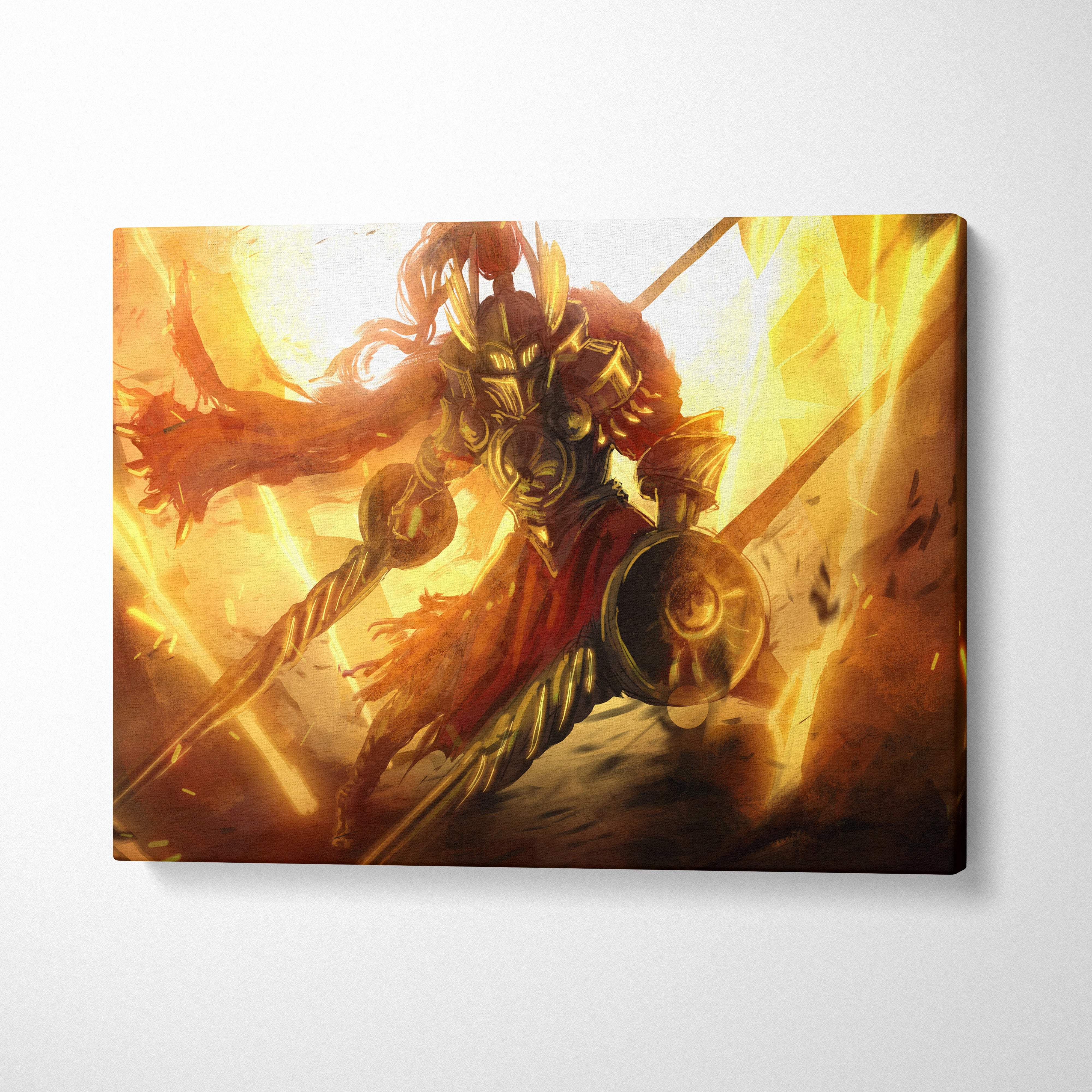 Golden armored warrior with flowing red cape and ornate helmet on a canvas print featuring intense flame burst and dark fantasy combat