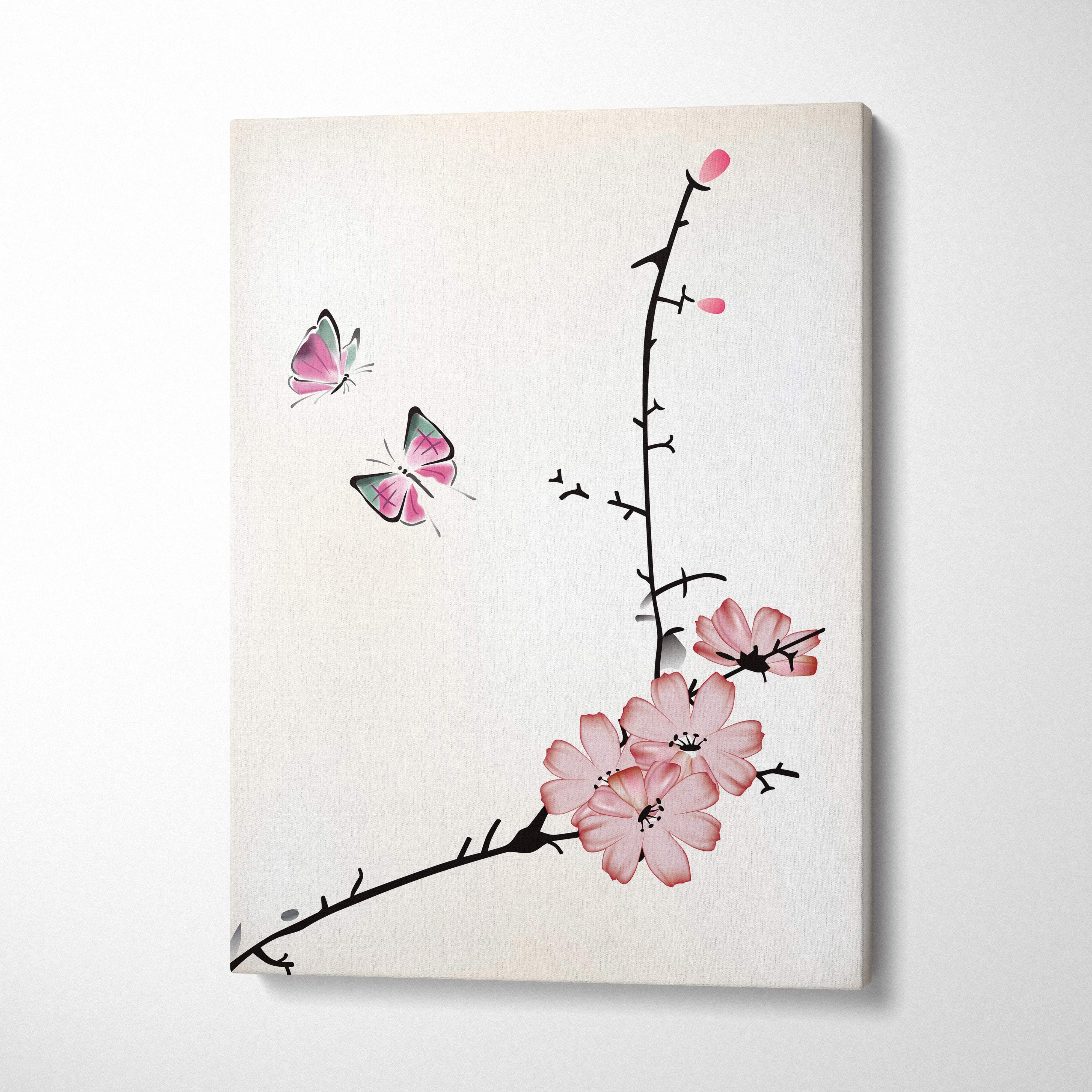 Delicate pink cherry blossom butterfly canvas wall art in minimalist asian ink painting style for bedroom decor
