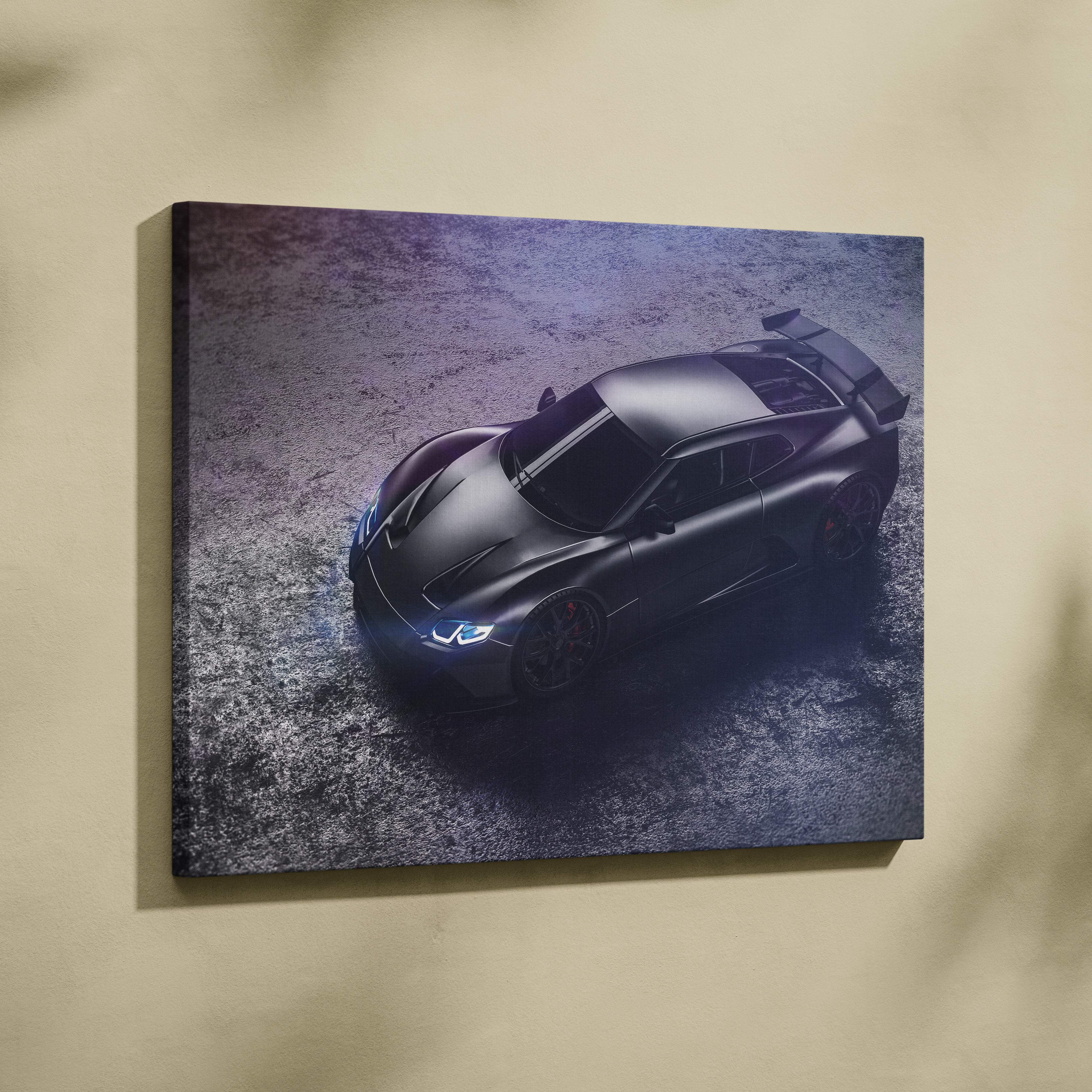 Black sports car canvas wall art print featuring a sleek black matte finish with glowing headlights for modern interiors