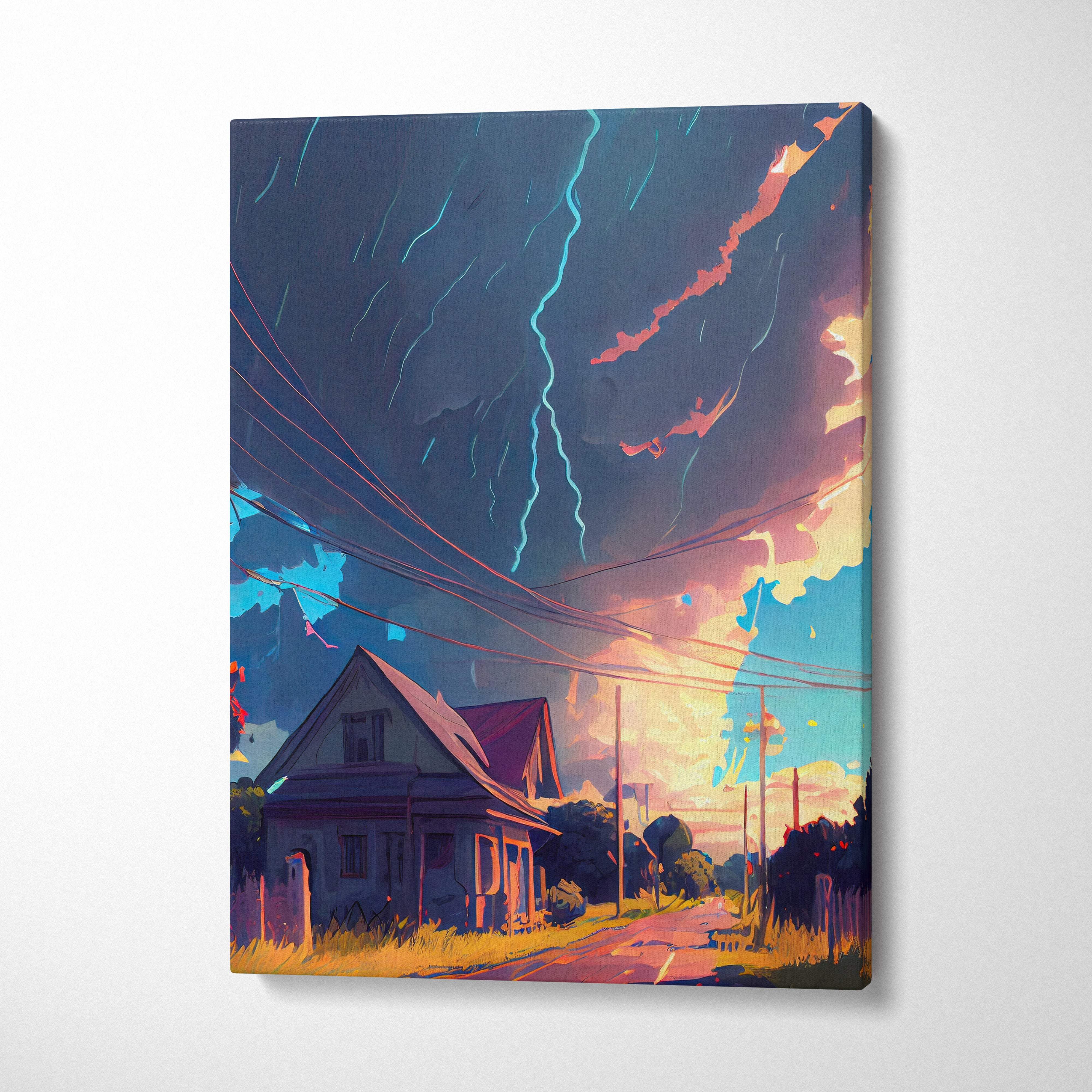 A vibrant stormy rural road canvas art depicting a colorful countryside house under lightning and dramatic clouds