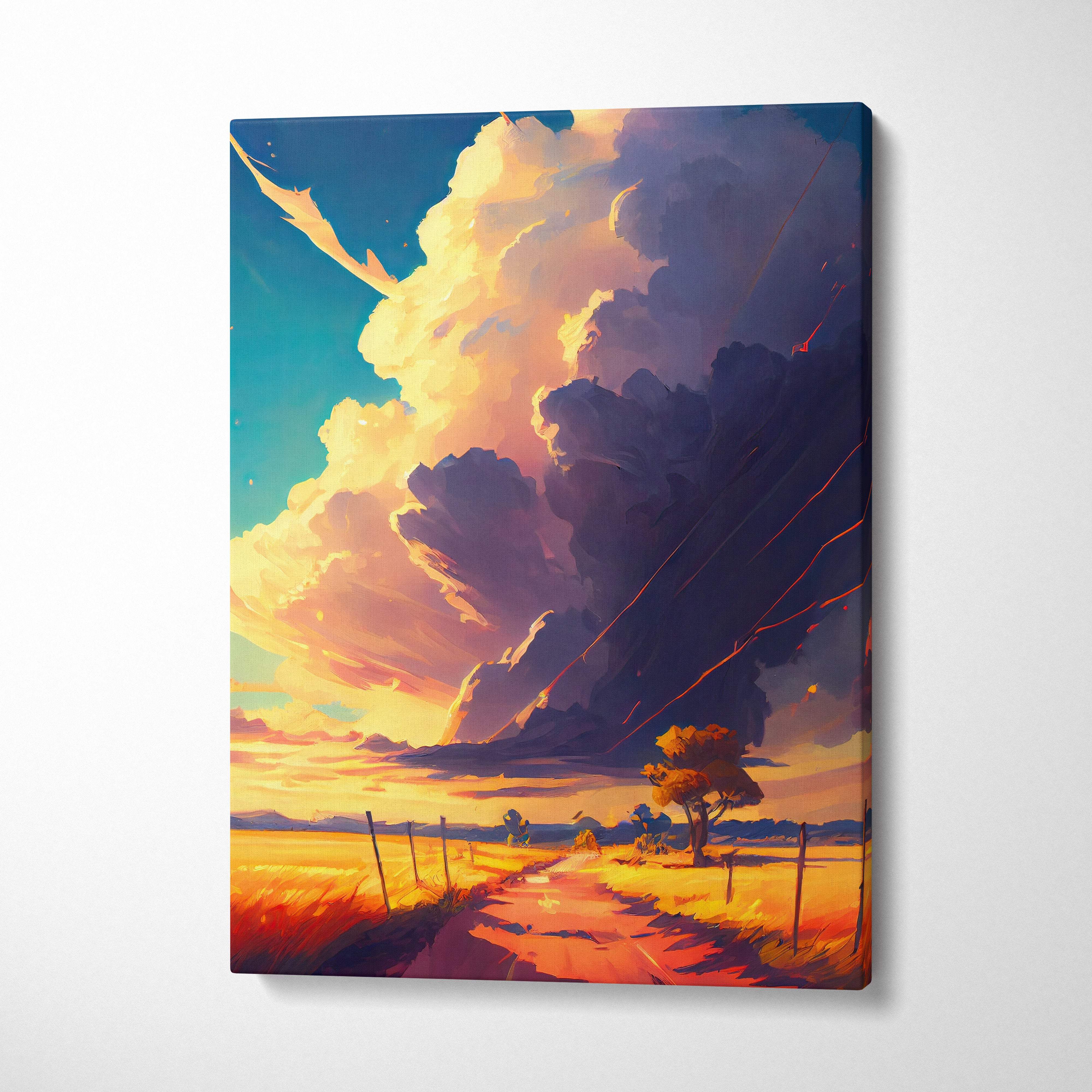 Vibrant canvas print of a dramatic golden and purple sky over a sunlit rural road in a colorful countryside landscape