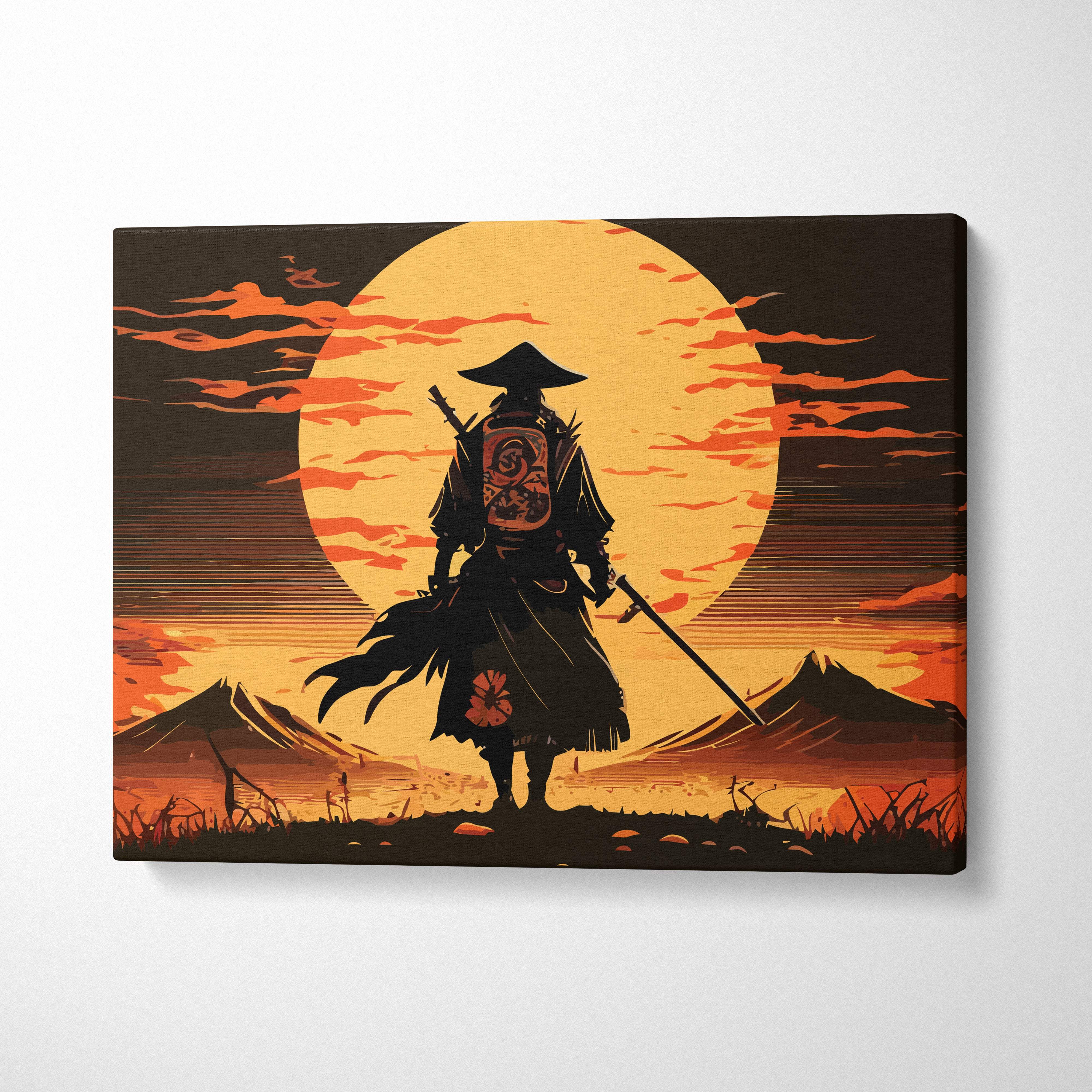 Stylized canvas wall art print featuring a black samurai silhouette against an orange sunset for martial arts decor