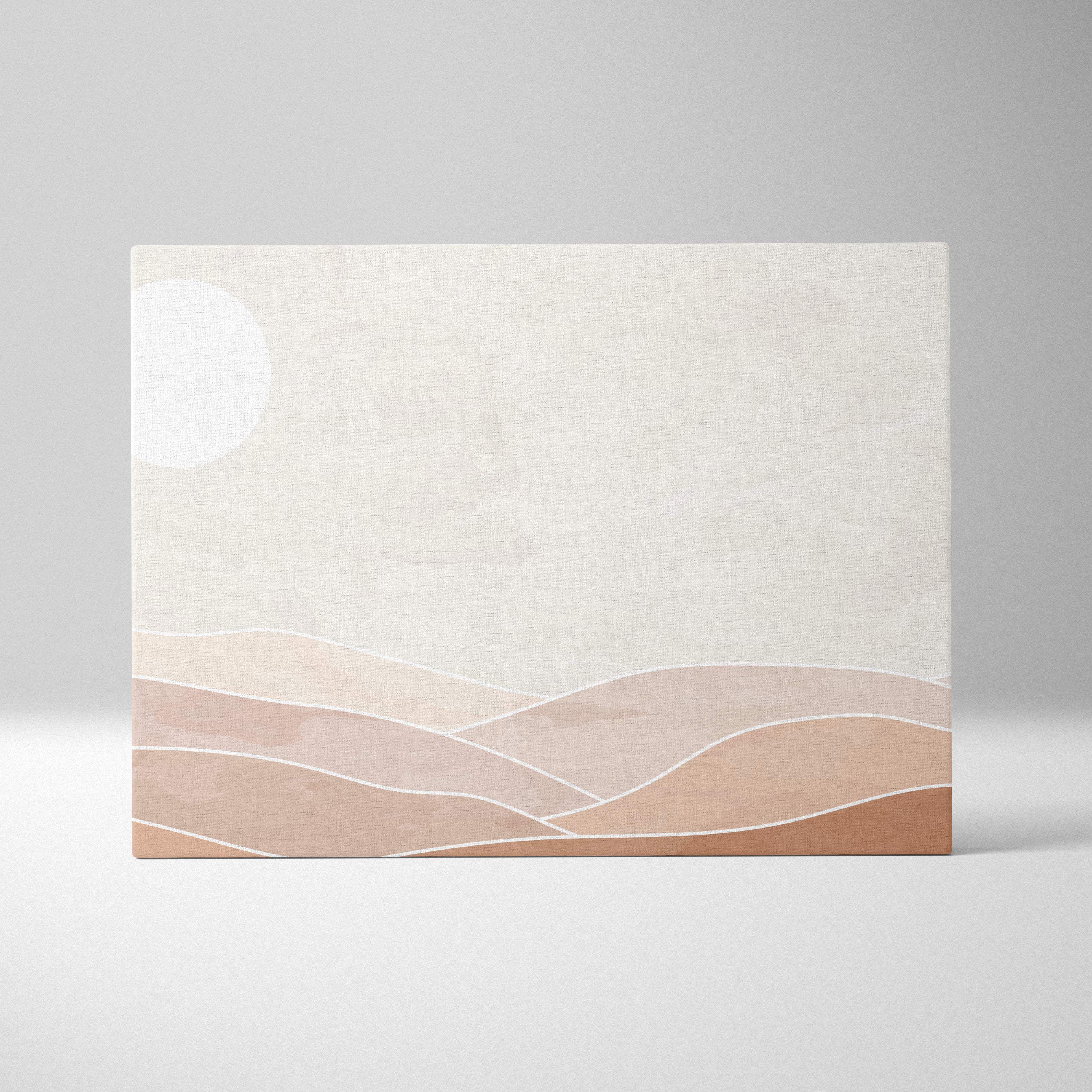 Boho minimalist desert canvas wall art with beige tan and terracotta rolling hills and a white sun for modern decor