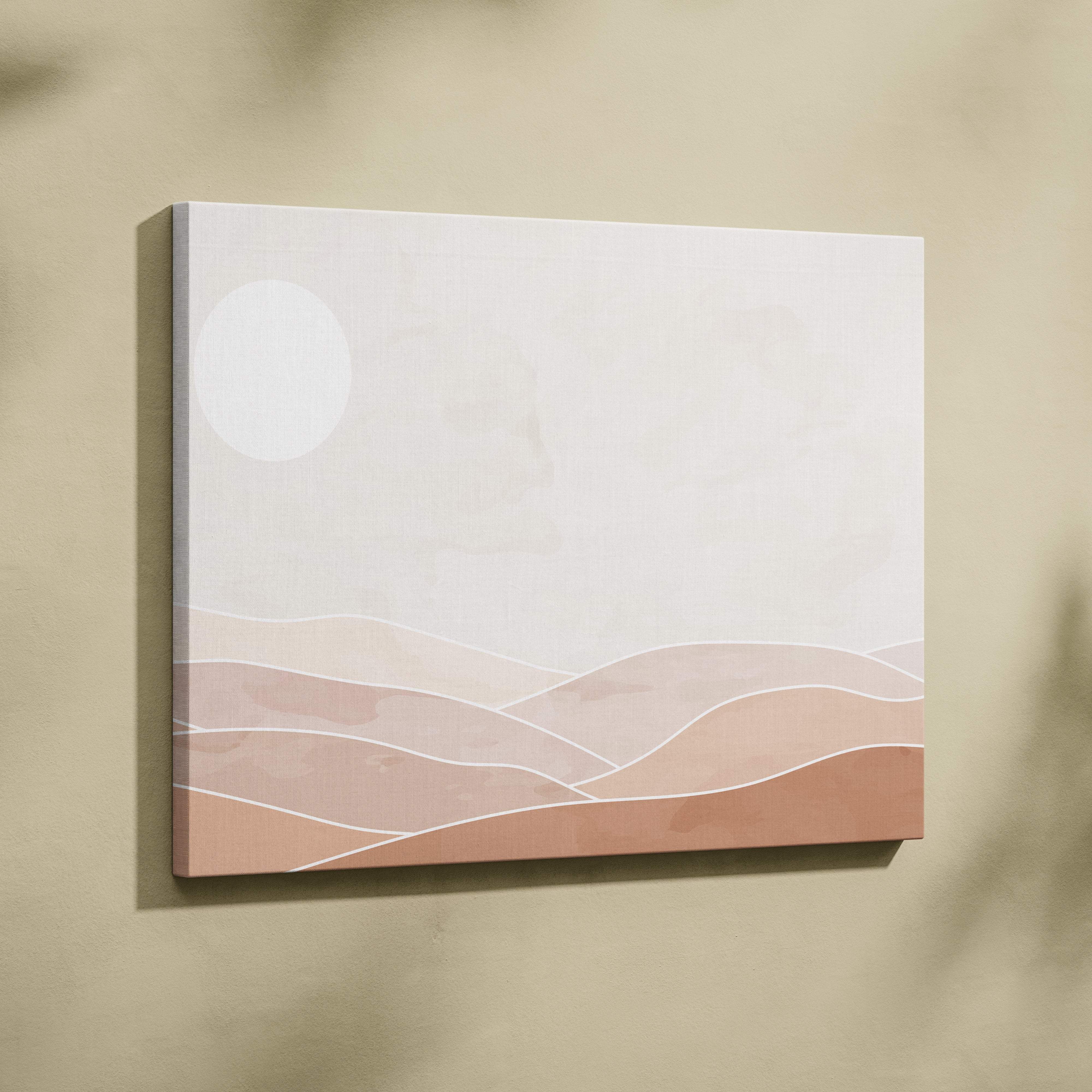 Boho minimalist desert canvas wall art with soft layered terracotta and beige hills under a pale white sun