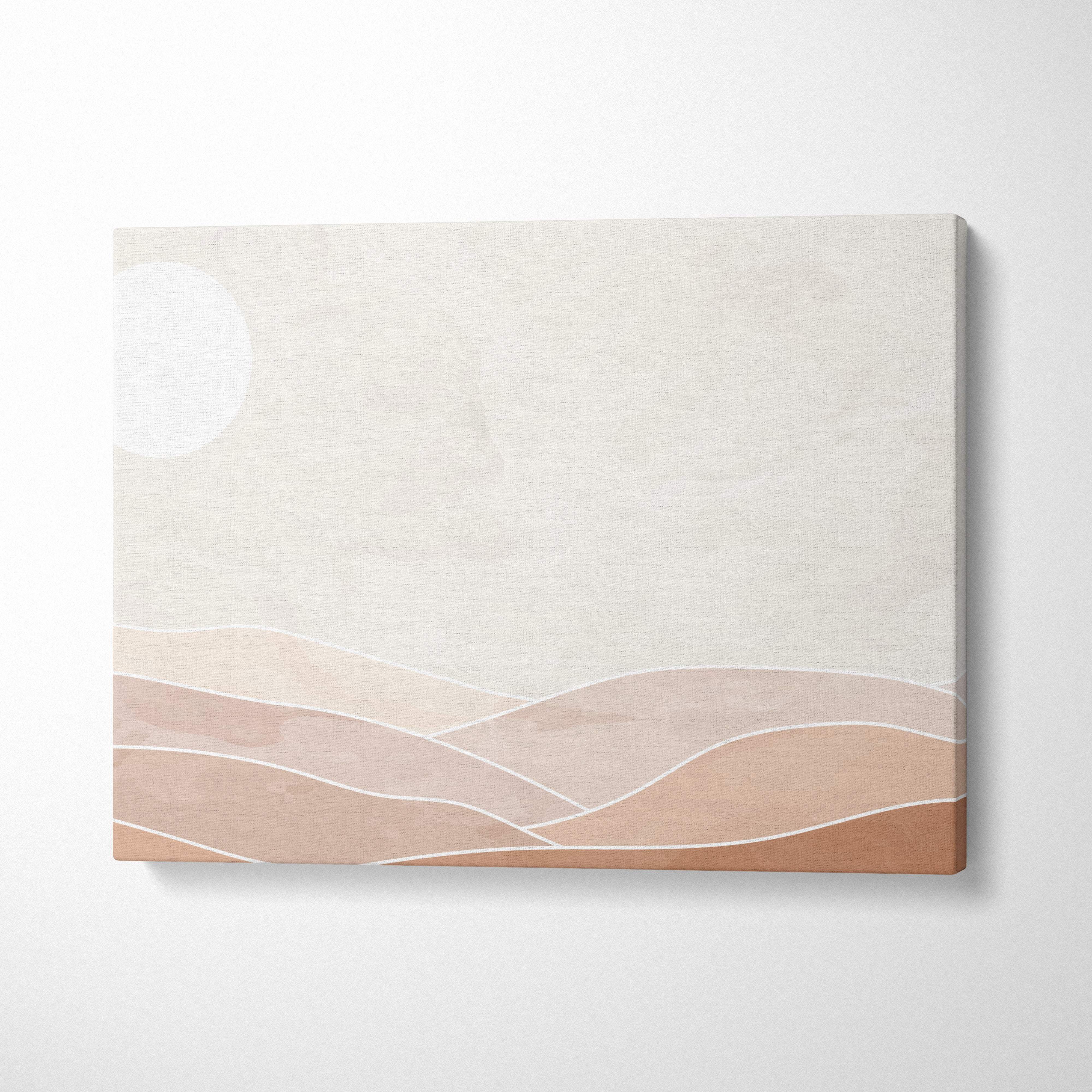 Boho minimalist desert canvas wall art with soft beige and terracotta hills under a pale sky with a white sun