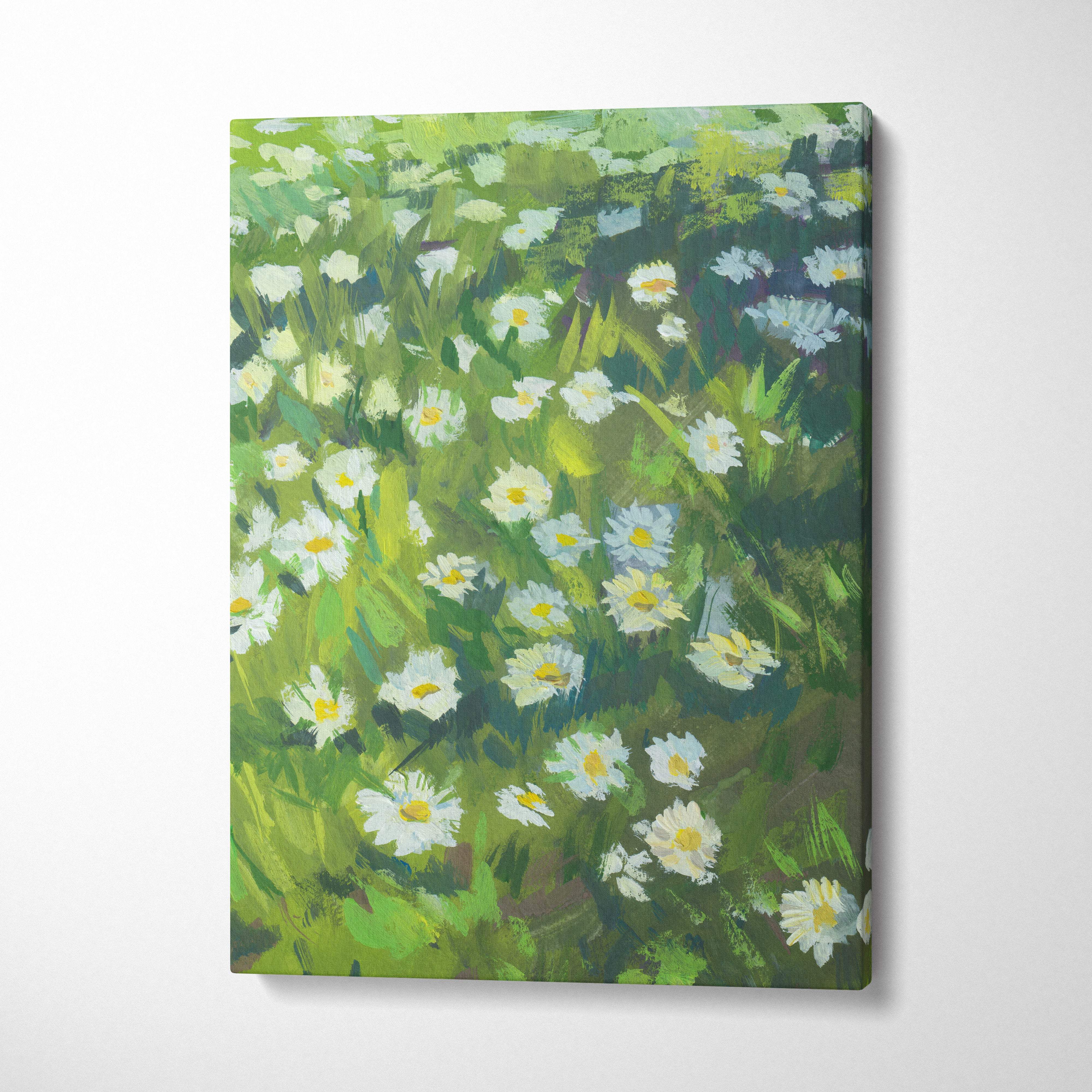A vibrant daisy meadow canvas print with white flowers and green foliage in impressionist painting style wall art