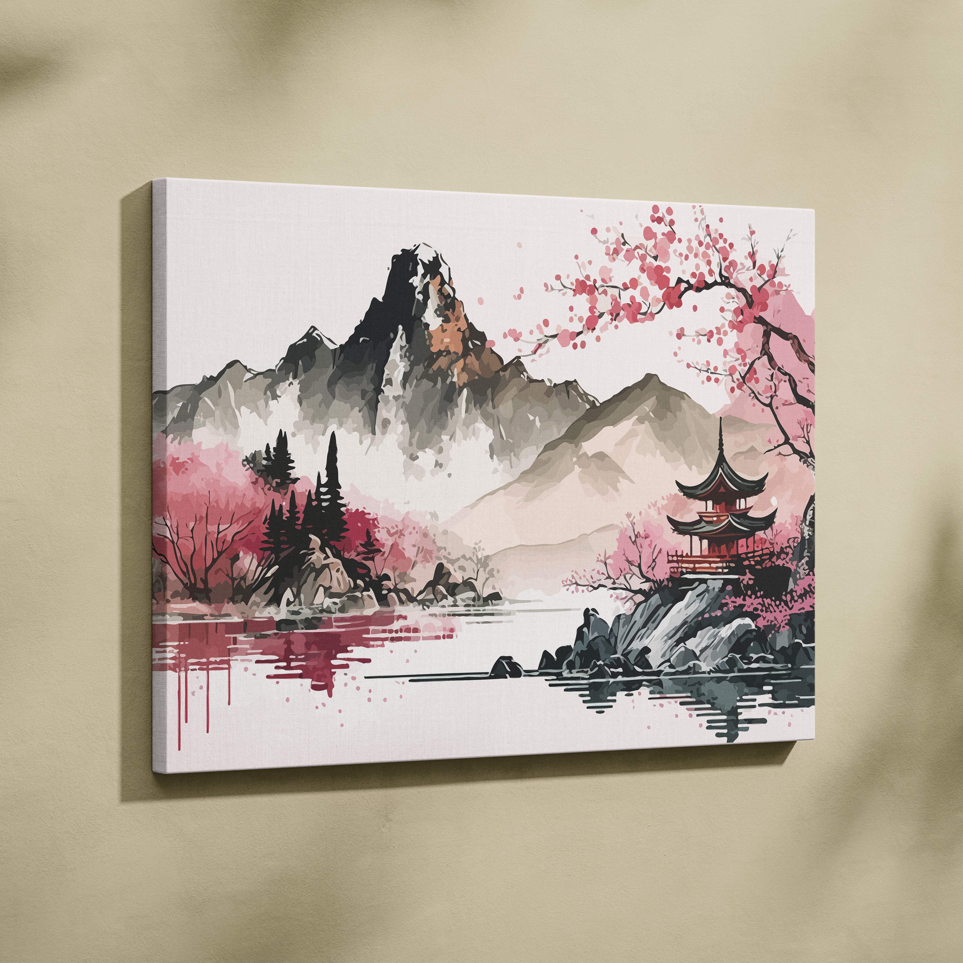 Rectangular canvas wall art featuring a pink gray cherry blossom pagoda and misty mountains reflected in calm waters