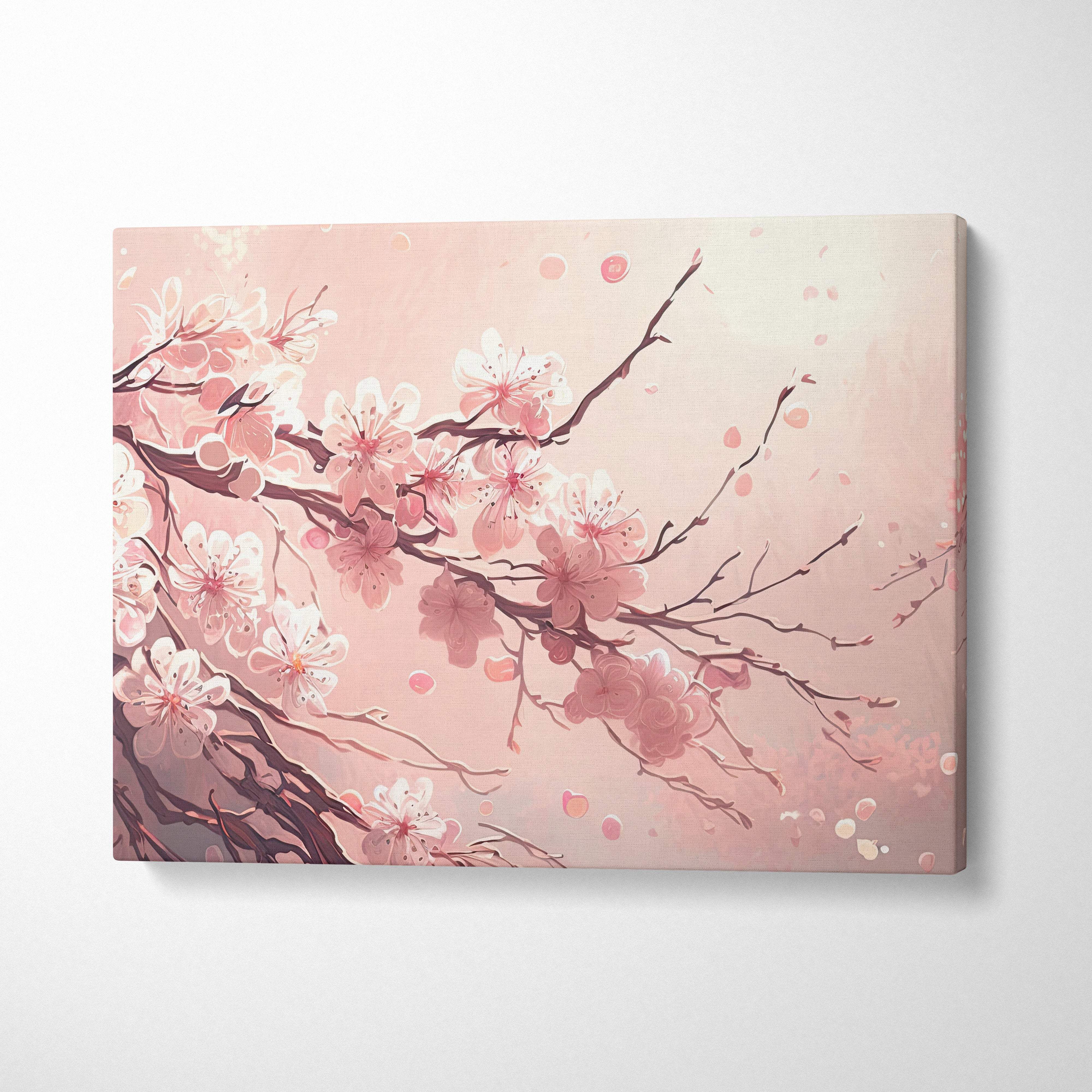 Soft pink canvas wall art with delicate cherry blossom branches and blush floral petals in a dreamy spring style