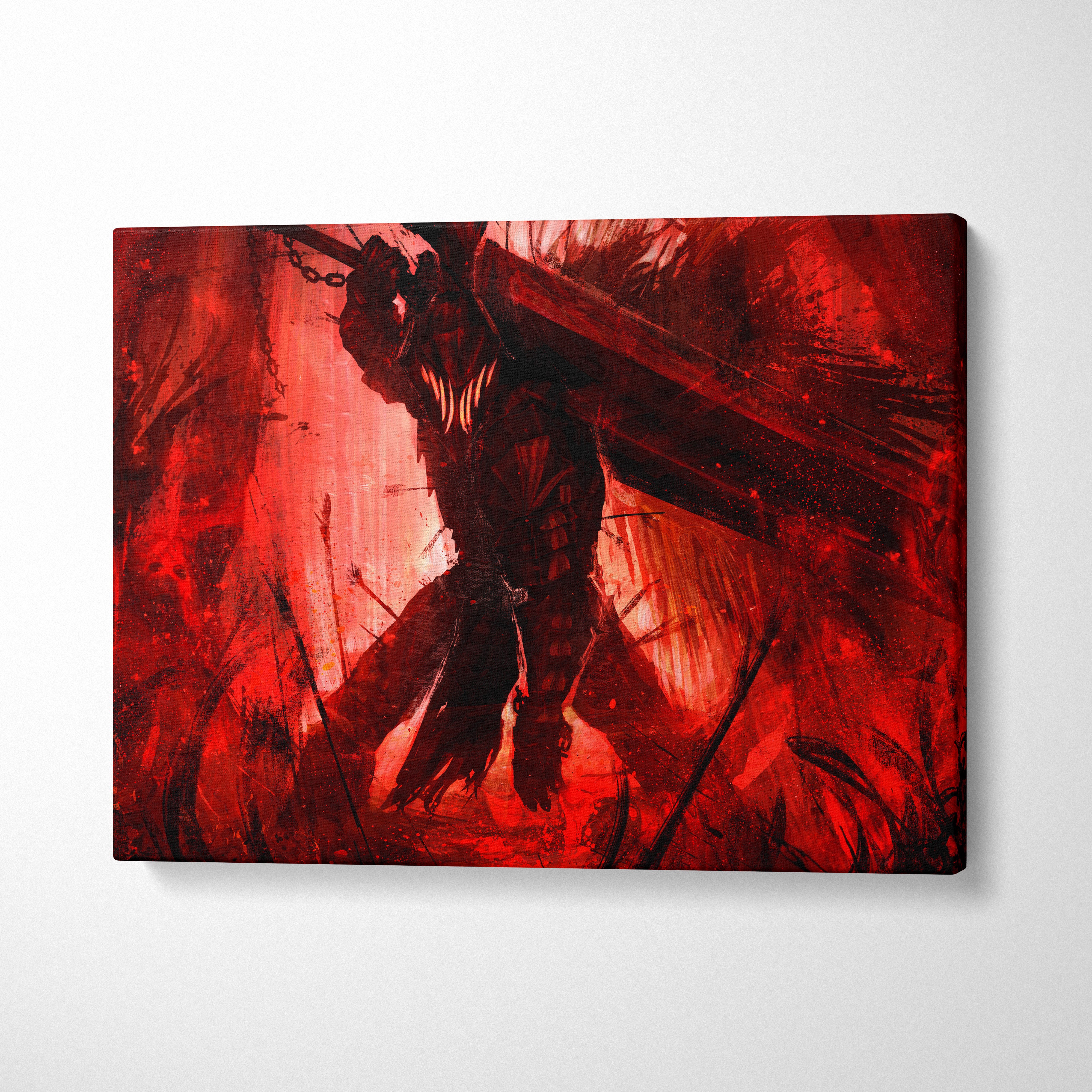 Crimson berserker warrior canvas art features a red and black dark fantasy knight with a massive sword on crimson background